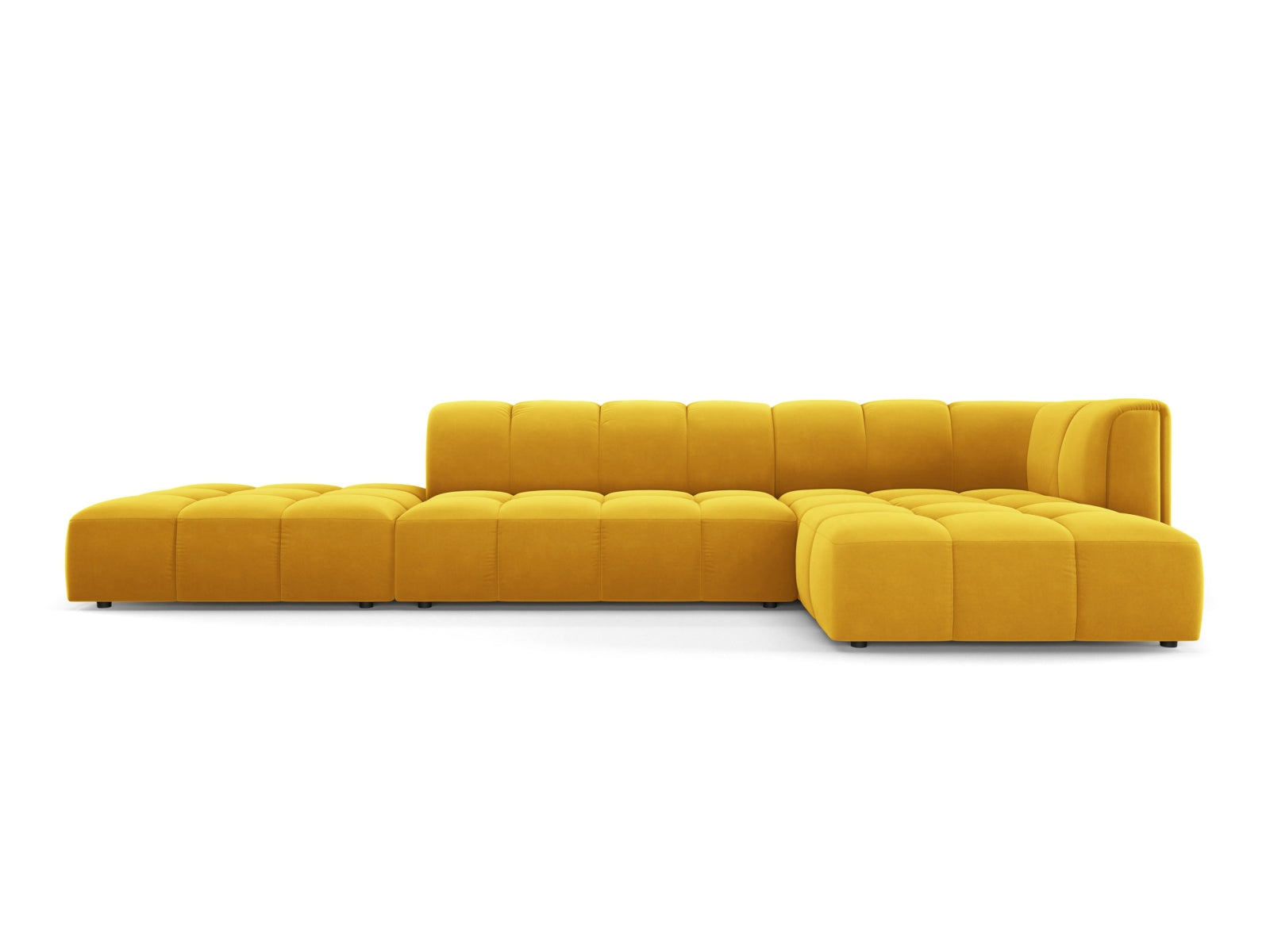 Modulares 5-Sitzer Ecksofa Moritz in modernem Gelb-Bluvel, ideal für gemütliche und stilvolle Wohnräume, erhältlich bei Cosmopolitan Design.