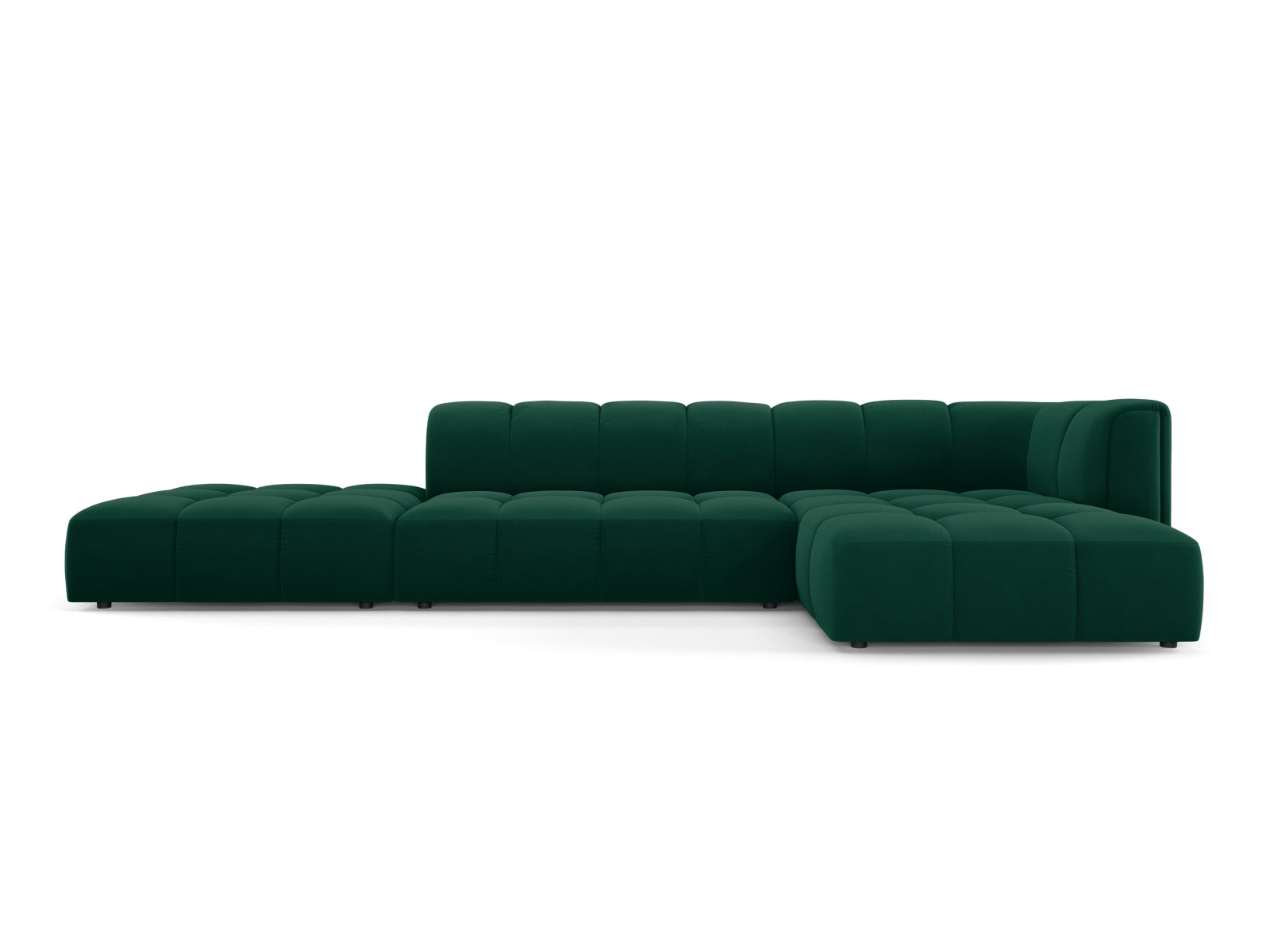 Elegantes 5-Sitzer Ecksofa Moritz in stilvollem Bottle Green-Bluvel, ideal für stilvolle Wohnräume und entspannte Stunden.