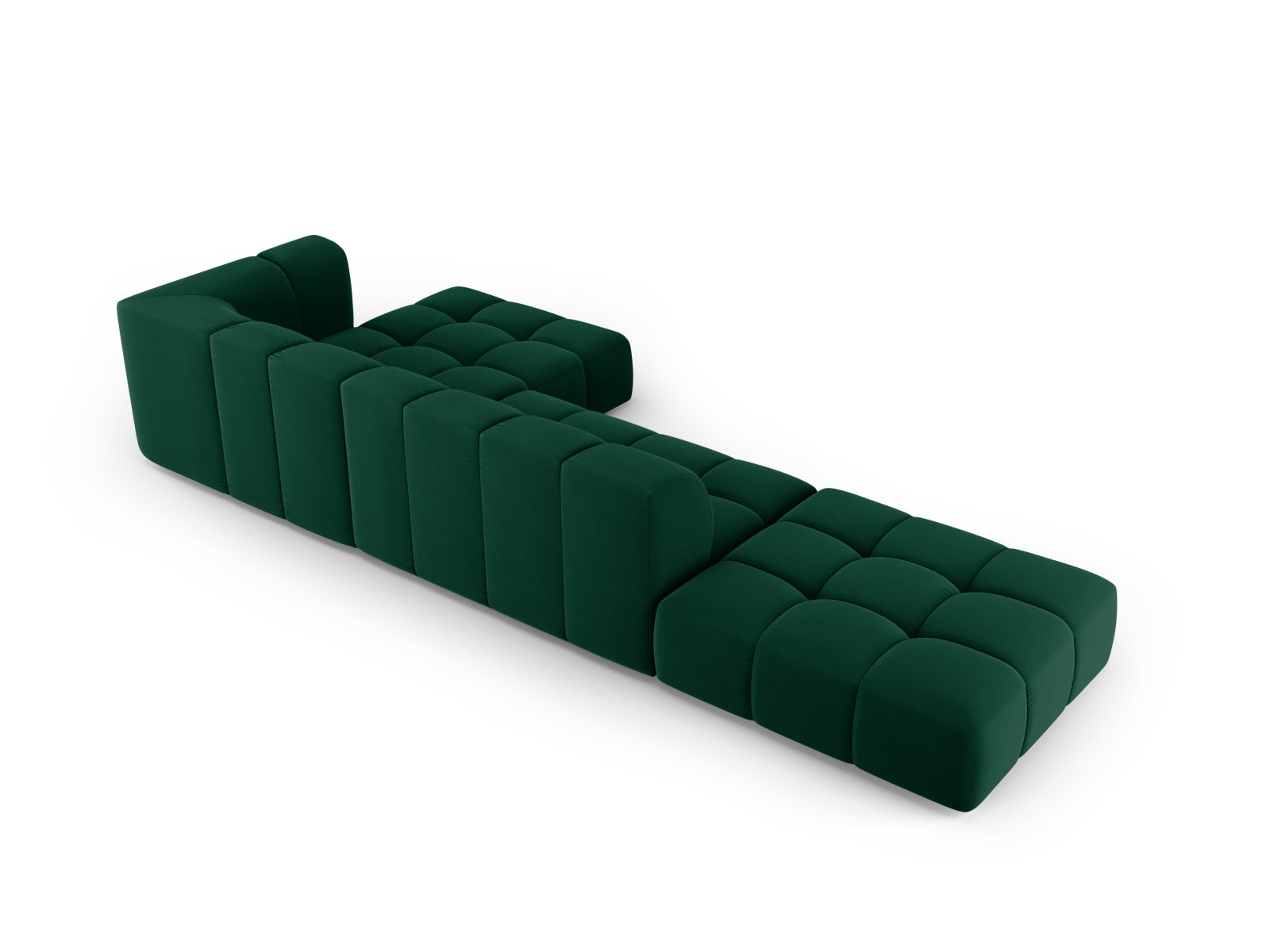 Elegantes 5-Sitzer Ecksofa Moritz in stilvollem Bottle Green-Bluvel, ideal für entspannte Stunden und ein modernes Wohnambiente.
