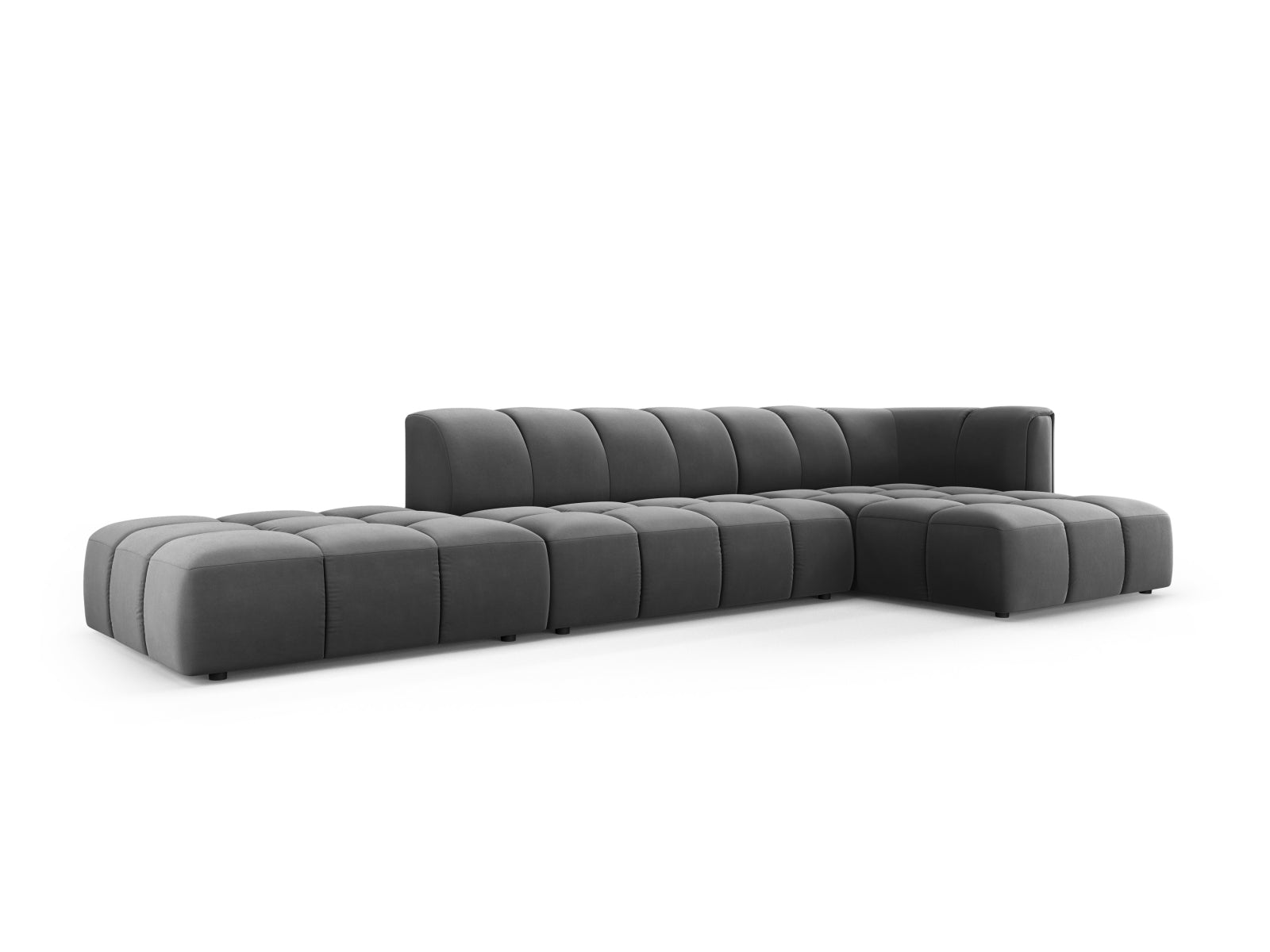 Gemütliches 5-Sitzer Ecksofa Moritz in stilvollem Grau-Bluvel, perfekt für entspannte Abende und modernes Wohnen von Cosmopolitan Design.