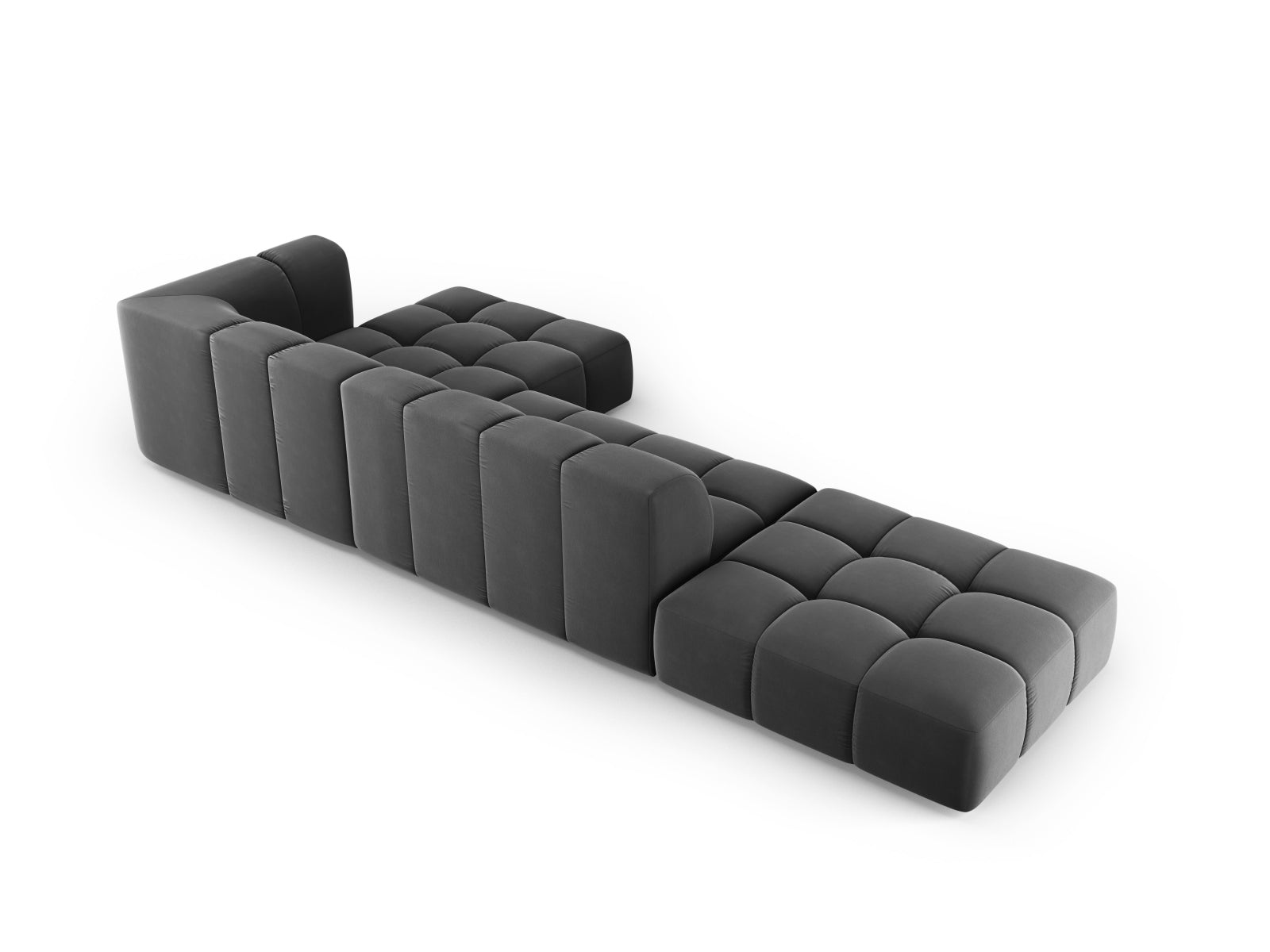 Elegantes 5-Sitzer Ecksofa Moritz in Grau-Bluvel, ideal für stilvolle Wohnräume und gesellige Stunden mit Freunden und Familie.