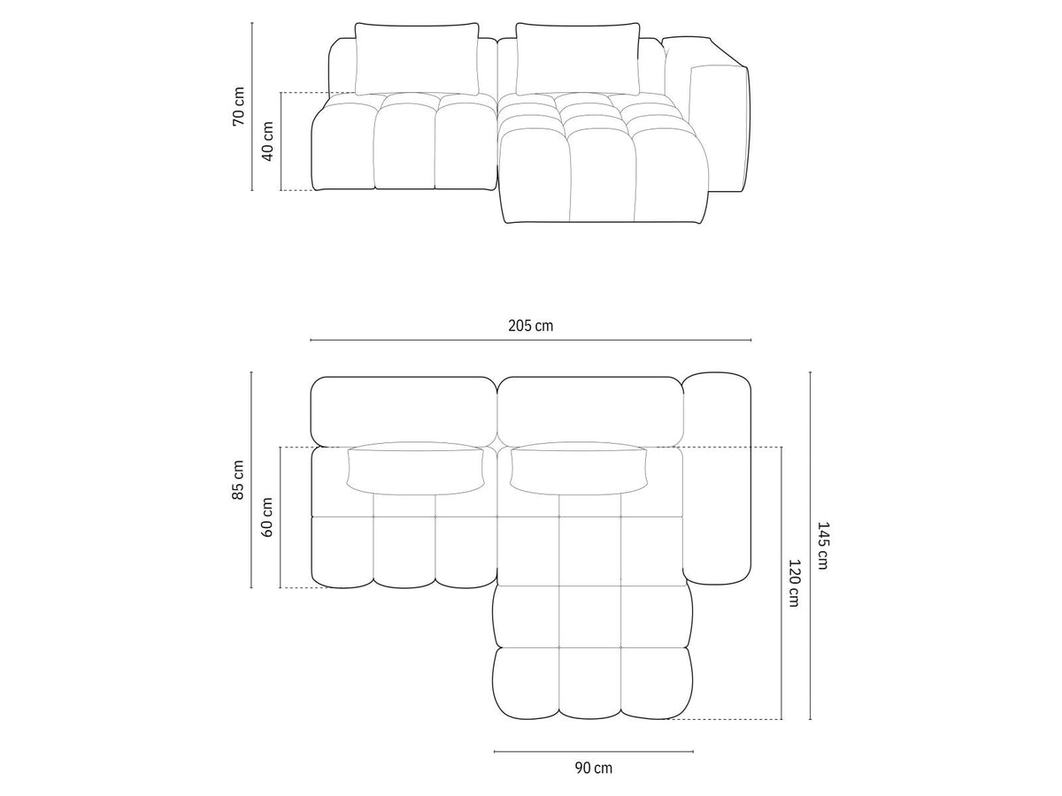 Modulares Ecksofa rechts in Sand-Casino Samt mit Massivholzrahmen, schwarzen Kunststoffbeinen und drei Sitzplätzen, seitliche Ansicht.
