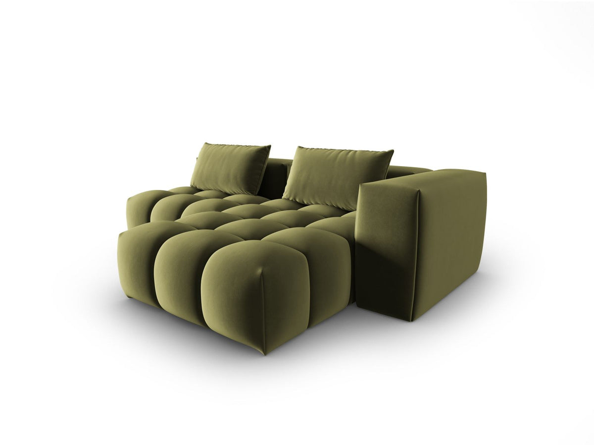 Modulares Ecksofa rechts in Sand-Casino Samt mit Massivholzrahmen, schwarzen Kunststoffbeinen und drei Sitzplätzen, seitliche Ansicht.