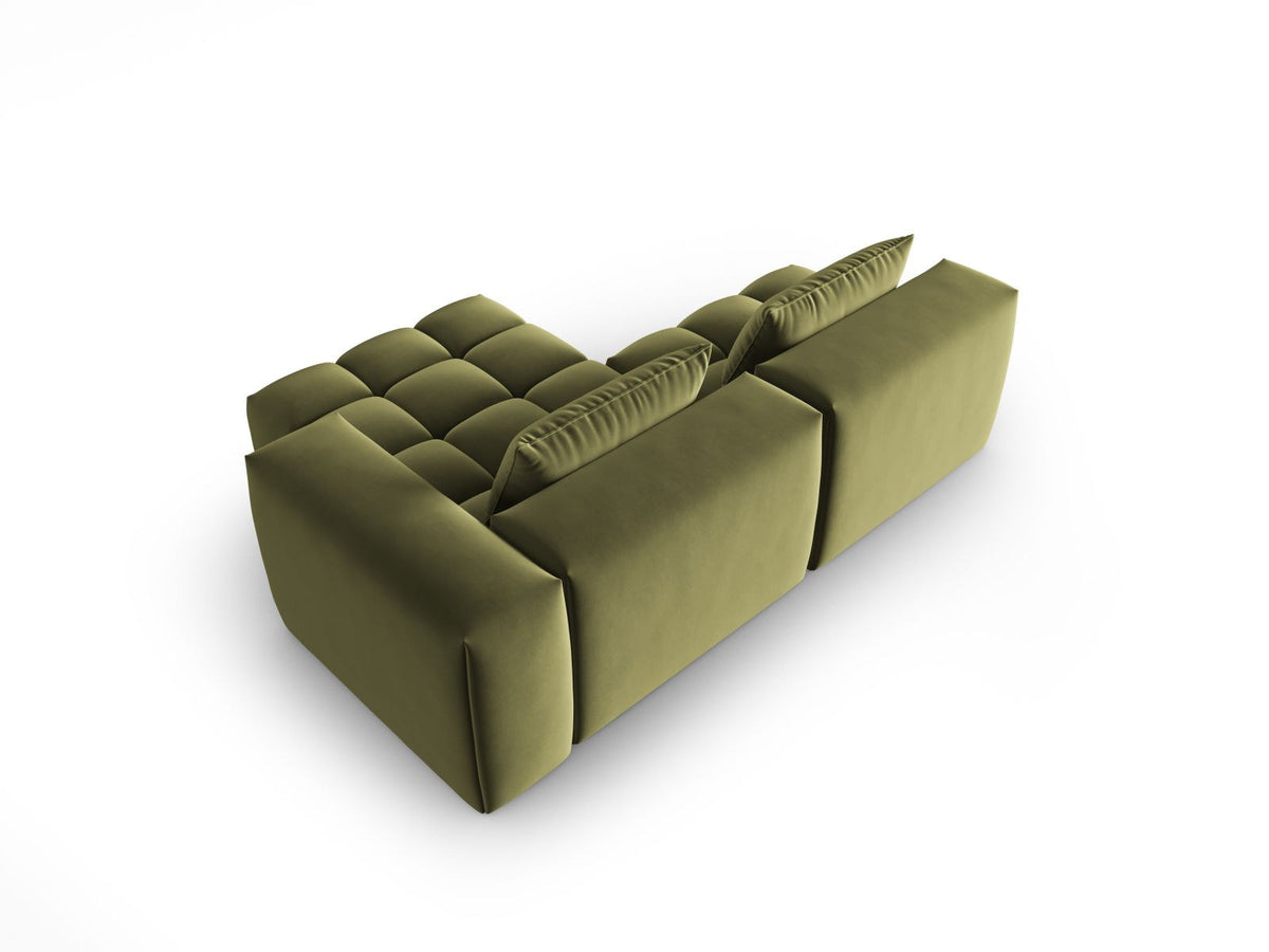 Modulares Ecksofa rechts in Sand-Casino Samt mit Massivholzrahmen, schwarzen Kunststoffbeinen und drei Sitzplätzen, seitliche Ansicht.