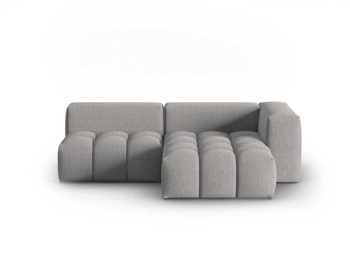 Modulares Ecksofa Verona rechts mit 3 Sitzplätzen, bezogen mit beigem Sorella-Strukturstoff, schwarze Kunststoffbeine, Massivholzrahmen sichtbar