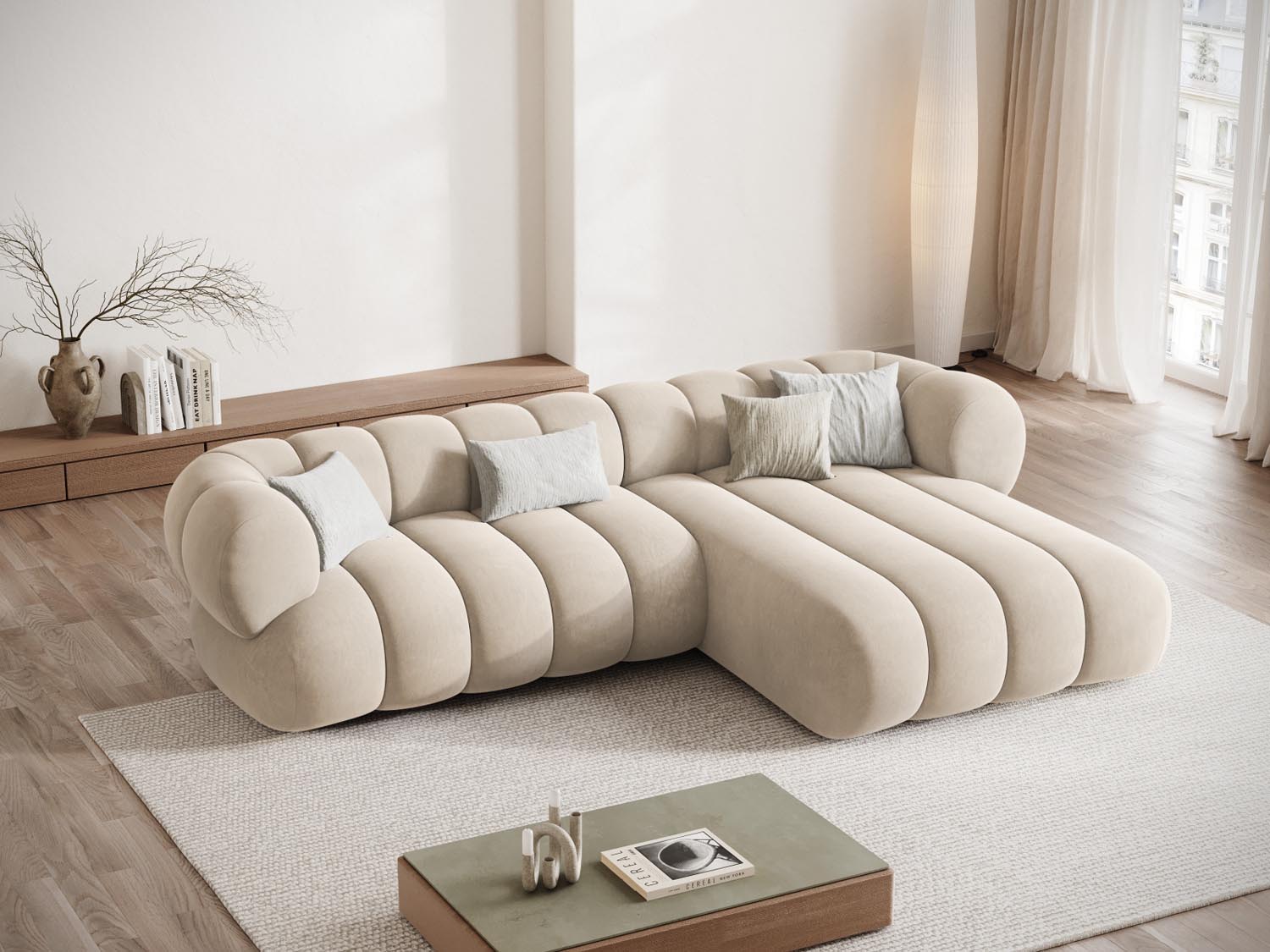 Entdecken Sie das elegante Koge Velour Ecksofa rechts 5 Sitzer in 165 cm, das Komfort und Stil vereint. Ideal für Ihr Wohnzimmer!