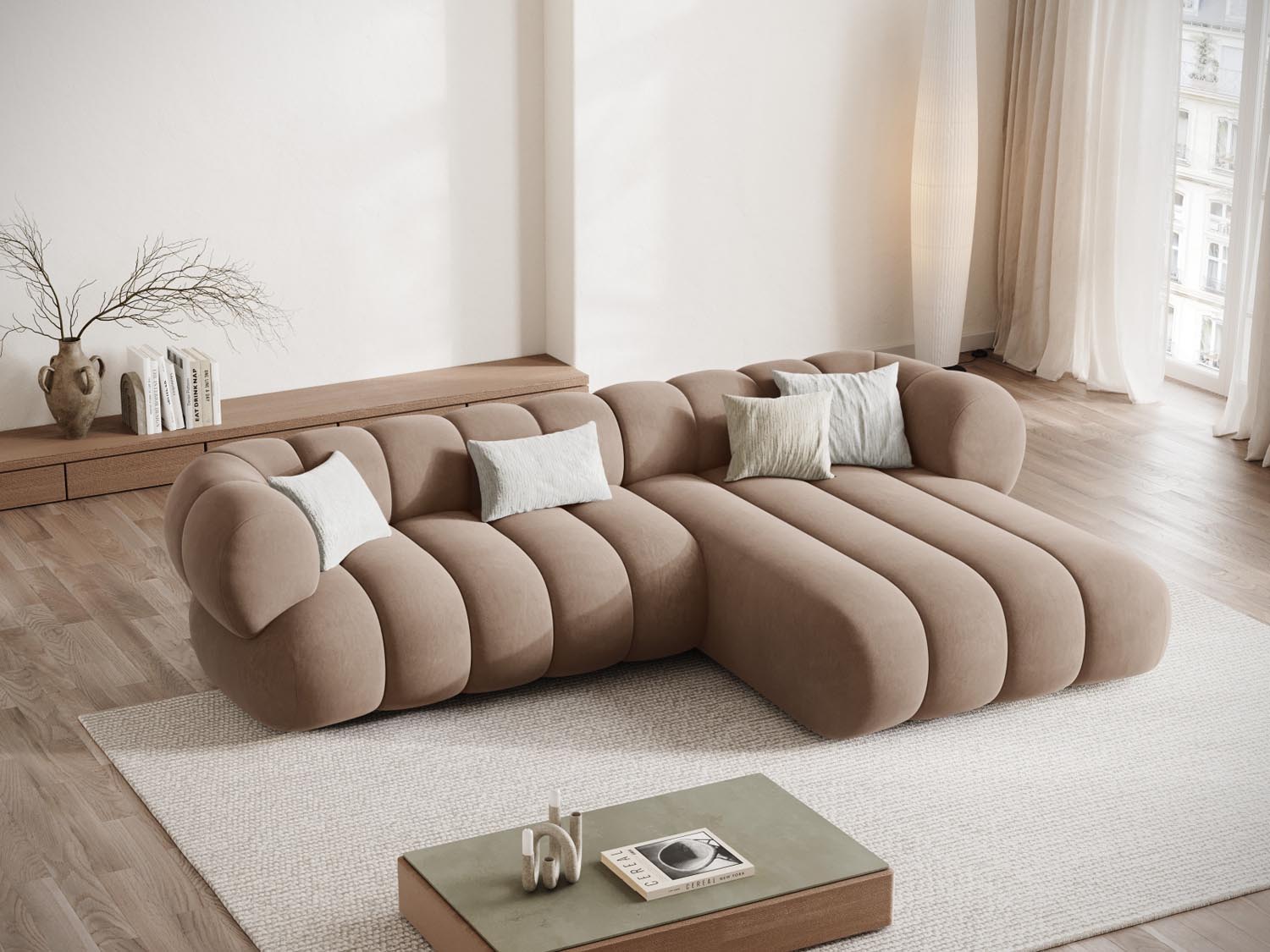 Koge Ecksofa rechts 5 Sitzer 165cm in Dark Beige-Vogue präsentiert im Onlineshop von KAQTU Design AG. L-Sofa rechts ist von Cosmopolitan Design