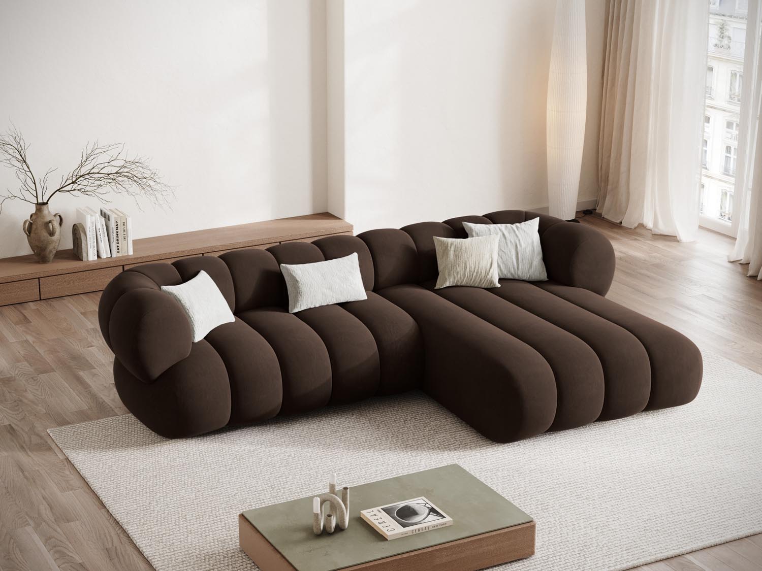 Entdecken Sie das elegante Koge Velour Ecksofa rechts 5 Sitzer 165cm von Cosmopolitan Design – stilvoll, komfortabel und pflegeleicht für Ihr Zuhause.
