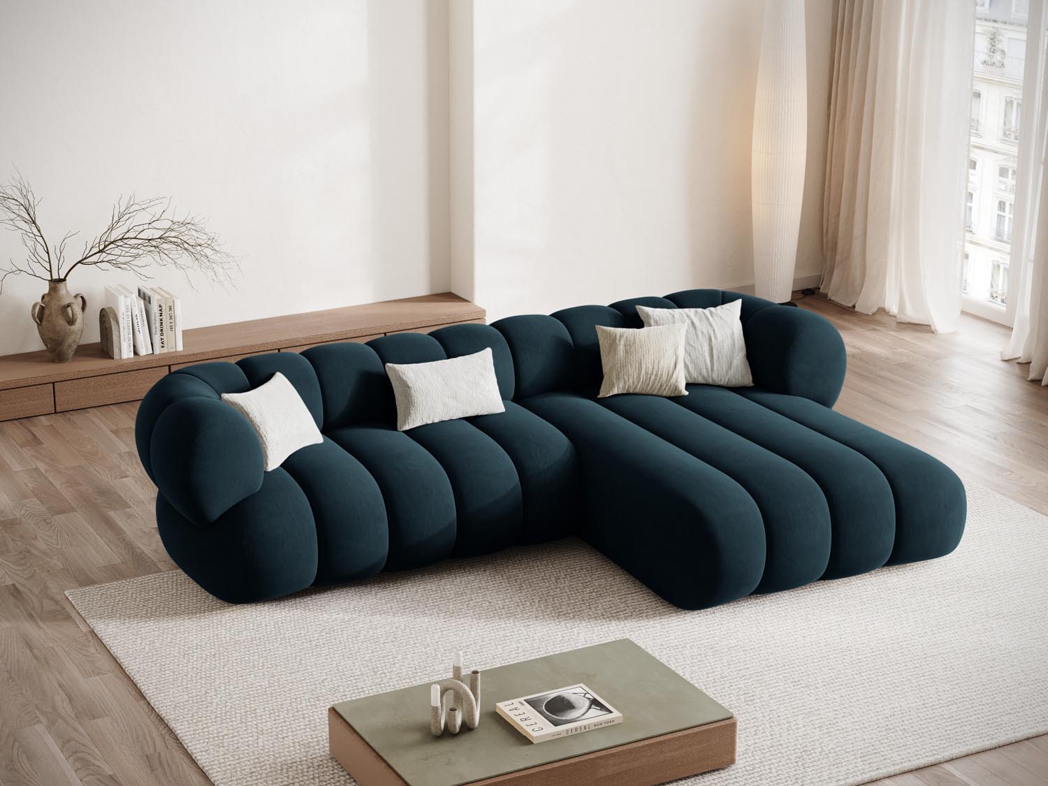 Entdecken Sie das elegante Koge Velour Ecksofa rechts 5 Sitzer 165cm von Cosmopolitan Design – stilvoll, komfortabel und pflegeleicht für Ihr Zuhause.