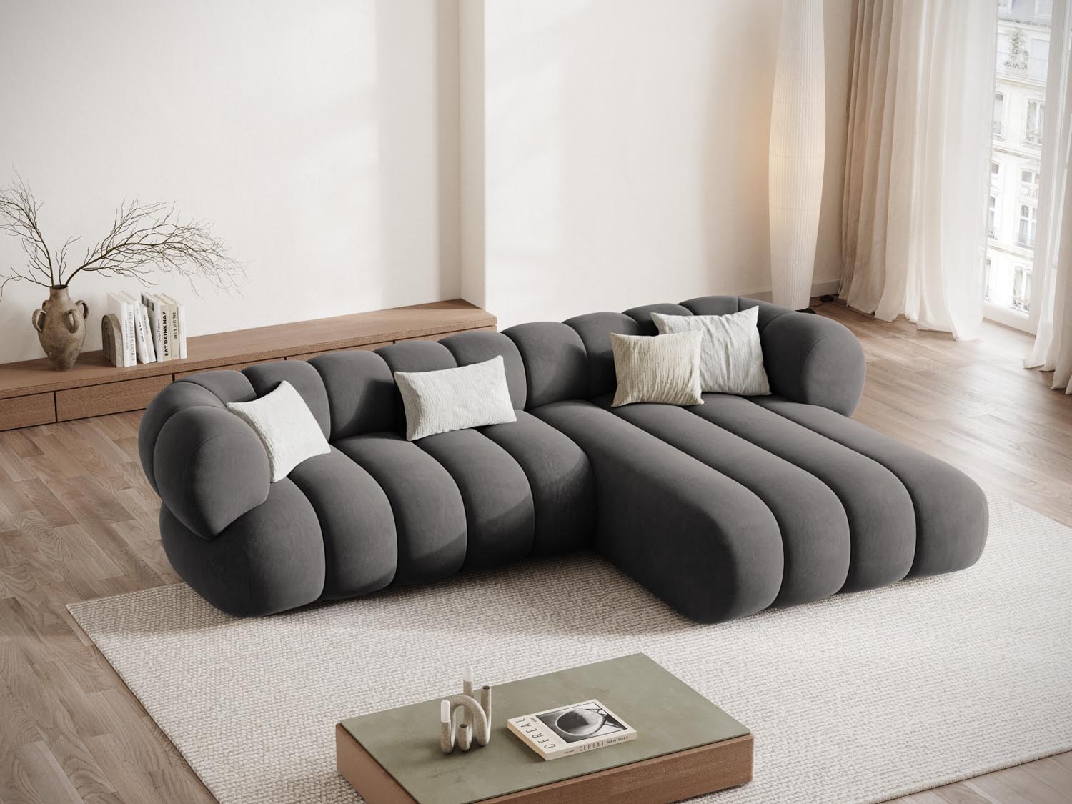 Entdecken Sie das elegante Koge Velour Ecksofa rechts 5 Sitzer 165cm von Cosmopolitan Design – stilvoll, komfortabel und pflegeleicht für Ihr Zuhause.