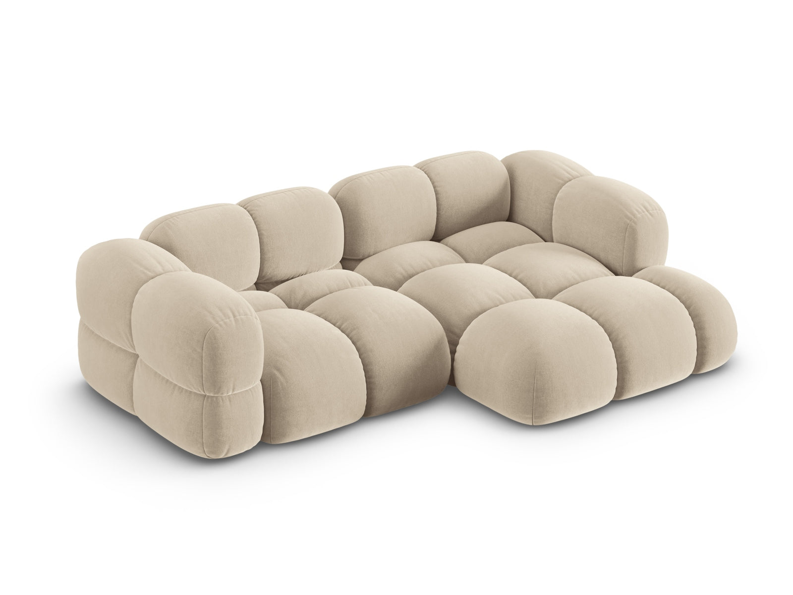 Modernes Loretto Velour Ecksofa in sanftem Beige, 3-Sitzer mit elegantem Design, perfekt für gemütliche Wohnbereiche.