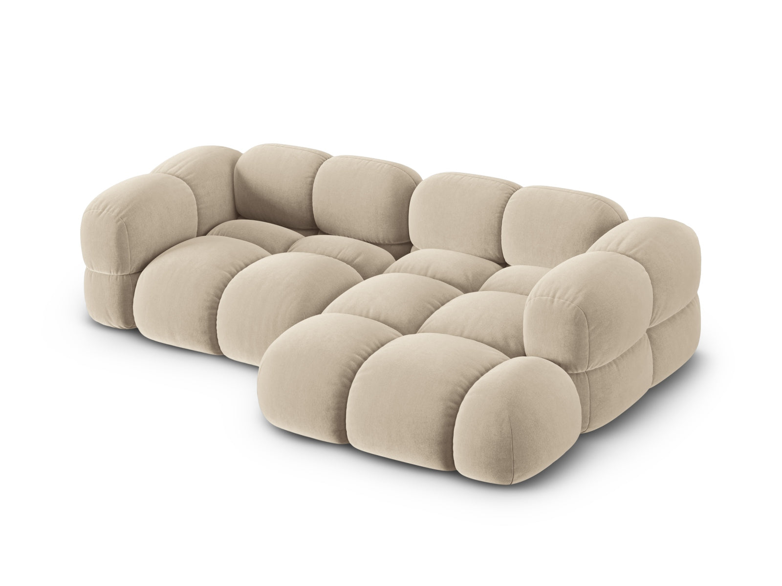 Elegantes Loretto Velour Ecksofa in sanftem Beige, 3-Sitzer mit stilvollem Design, ideal für stilvolle Wohnräume.