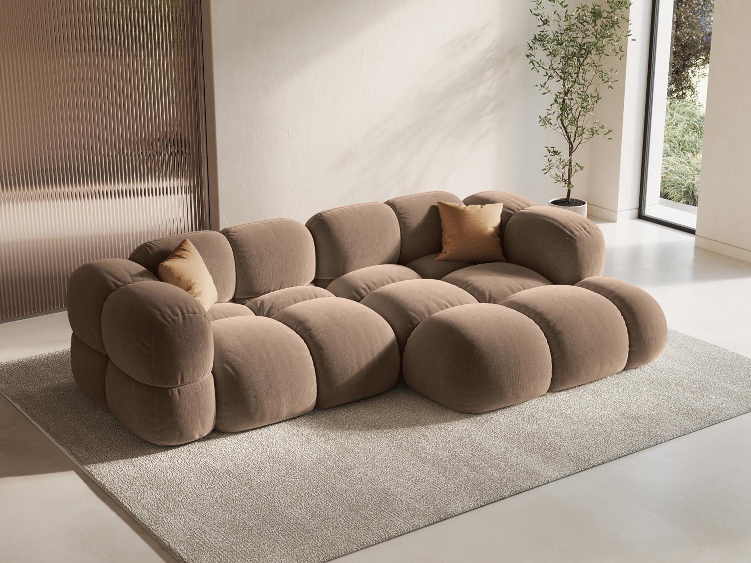 Elegantes Loretto Velour Ecksofa in Dark Beige-Vogue, ideal für stilvolle Wohnräume, präsentiert in einer modernen Umgebung.