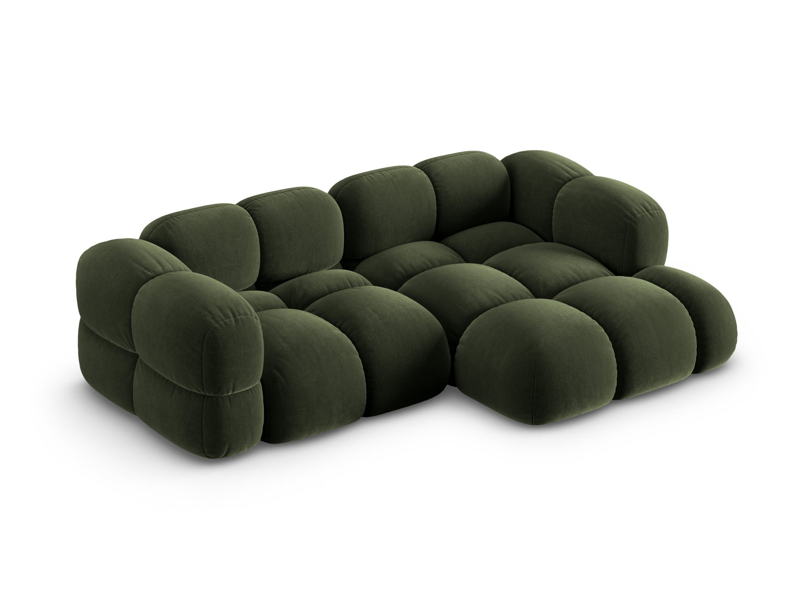 Rechtsseitiges Loretto Velour Ecksofa in edlem Grün, 3-Sitzer, perfekt für gemütliche und moderne Wohnlandschaften.