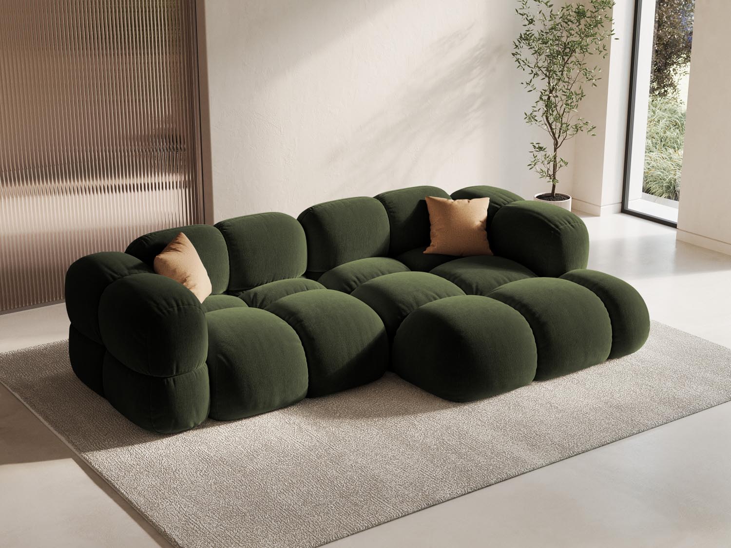 Elegantes Loretto Velour Ecksofa in Grün, 3-Sitzer, ideal für stilvolle Wohnräume, präsentiert in modernem Ambiente.