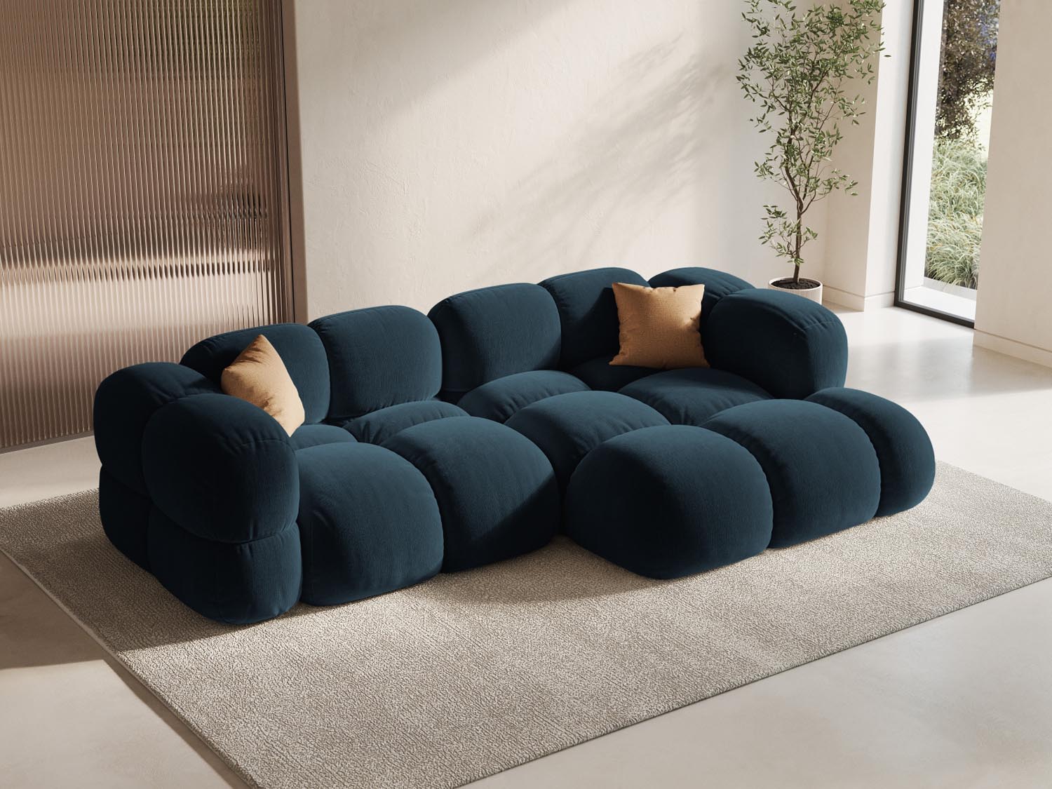 Elegantes Loretto Velour Ecksofa in Deep Petrol-Vogue, ideal für stilvolle Wohnräume, präsentiert in einer modernen Umgebung.
