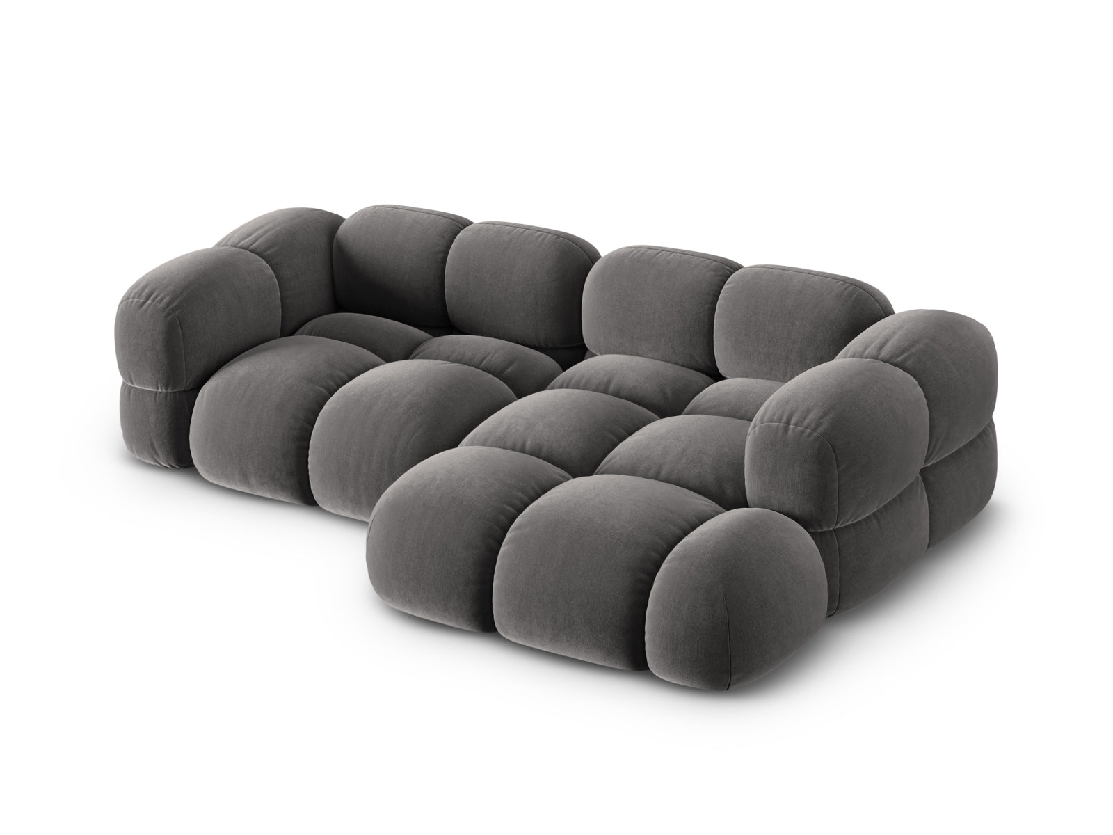 Elegantes graues Loretto Velour Ecksofa, 3-Sitzer, ideal für stilvolle Wohnräume und entspannte Stunden im Wohnzimmer.