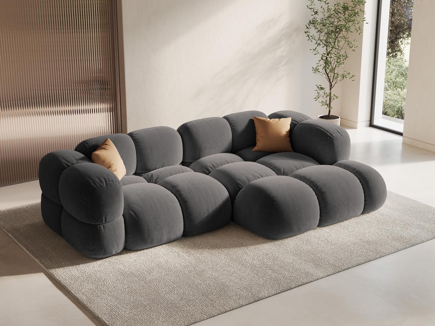 Elegantes Loretto Velour Ecksofa in Grau, 3-Sitzer, ideal für stilvolle Wohnräume, präsentiert in modernem Ambiente.
