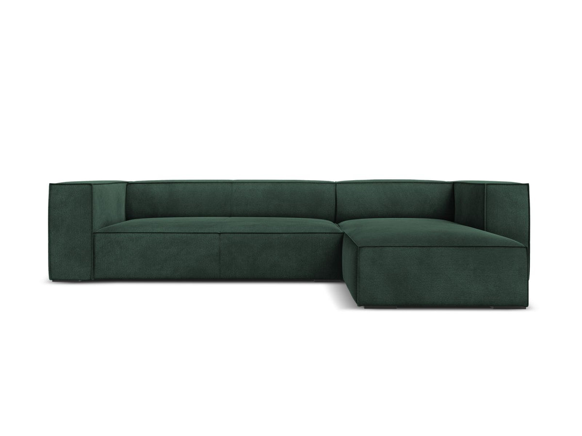 Turin Ecksofa rechts mit Chenille-Bezug in Light Beige-Rosario, Massivholzrahmen aus Kiefer und Beinen aus schwarzem Buchenholz, Récamiere-Form.