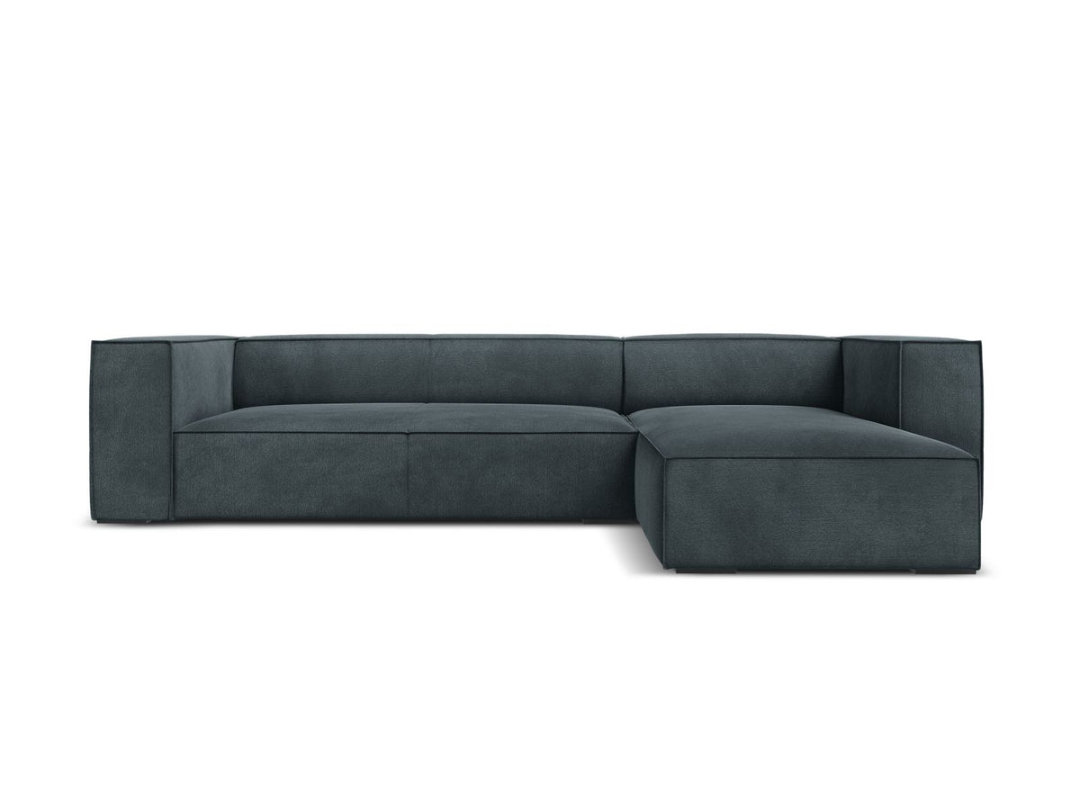 Turin Ecksofa rechts mit Chenille-Bezug in Light Beige-Rosario, Massivholzrahmen aus Kiefer und Beinen aus schwarzem Buchenholz, Récamiere-Form.