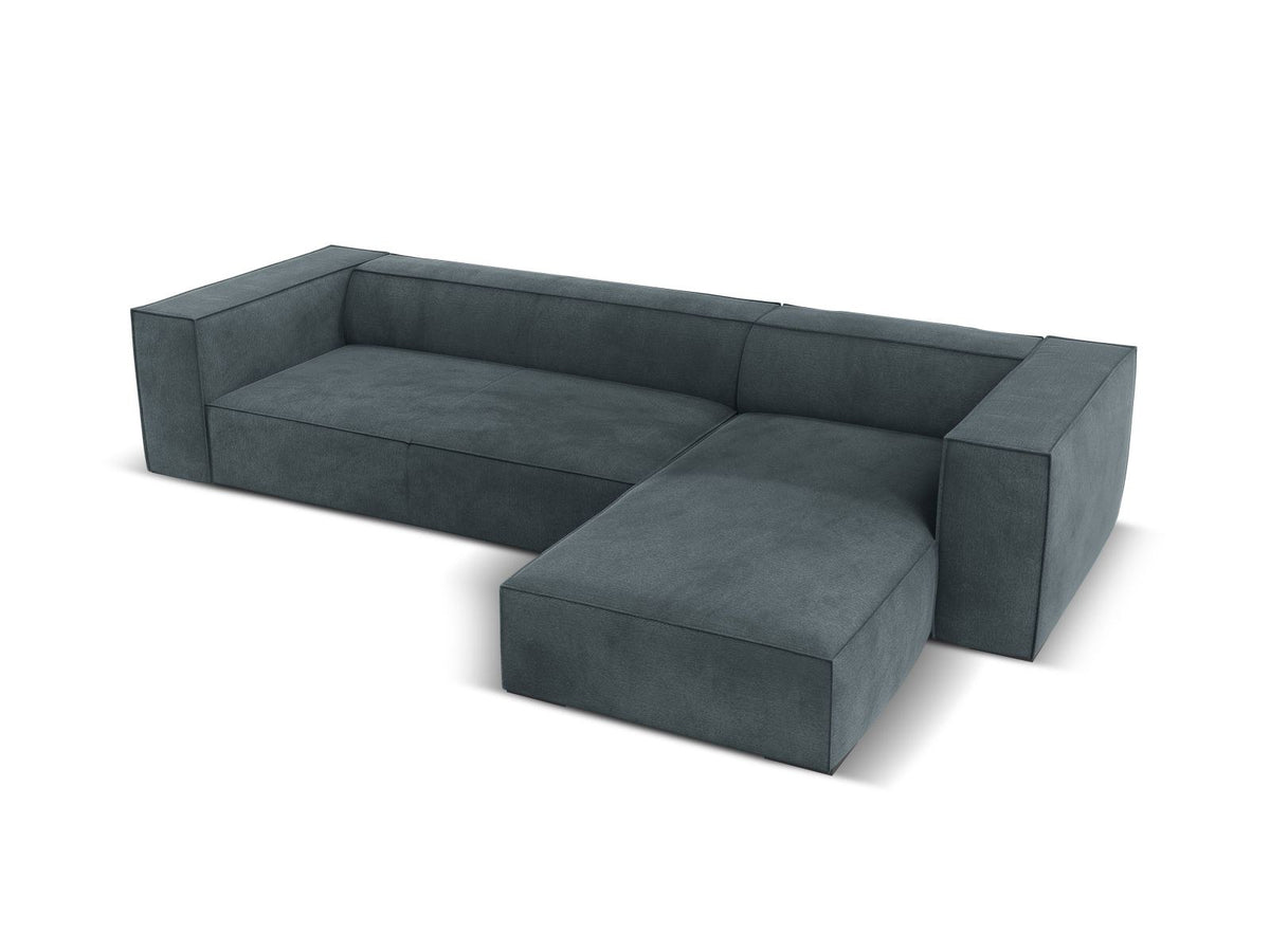 Turin Ecksofa rechts mit Chenille-Bezug in Light Beige-Rosario, Massivholzrahmen aus Kiefer und Beinen aus schwarzem Buchenholz, Récamiere-Form.