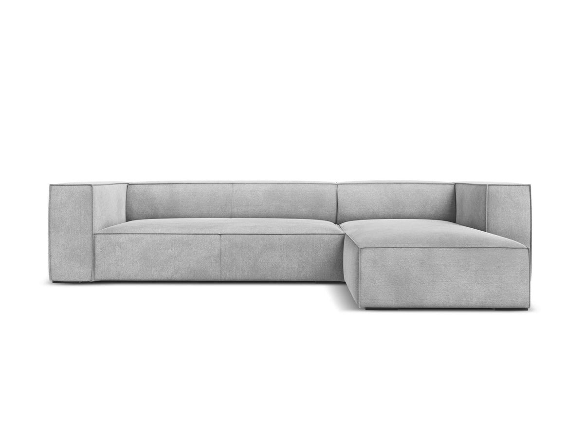 Turin Ecksofa rechts mit Chenille-Bezug in Light Beige-Rosario, Massivholzrahmen aus Kiefer und Beinen aus schwarzem Buchenholz, Récamiere-Form.