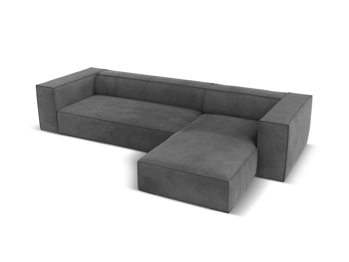 Turin Ecksofa rechts mit Chenille-Bezug in Light Beige-Rosario, Massivholzrahmen aus Kiefer und Beinen aus schwarzem Buchenholz, Récamiere-Form.