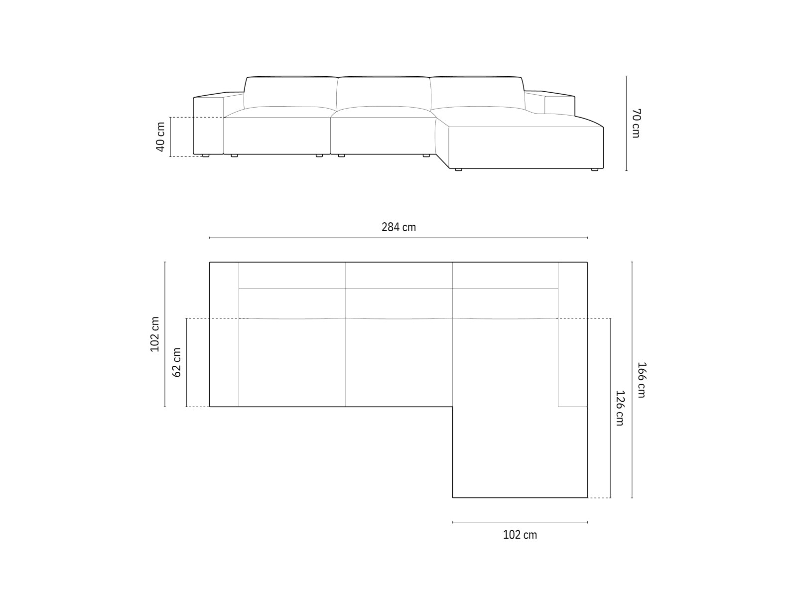 Erleben Sie das stilvolle Chicago Ecksofa rechts (166 cm) von Cosmopolitan Design – ein eleganter 4-Sitzer, perfekt für Ihr modernes Zuhause.
