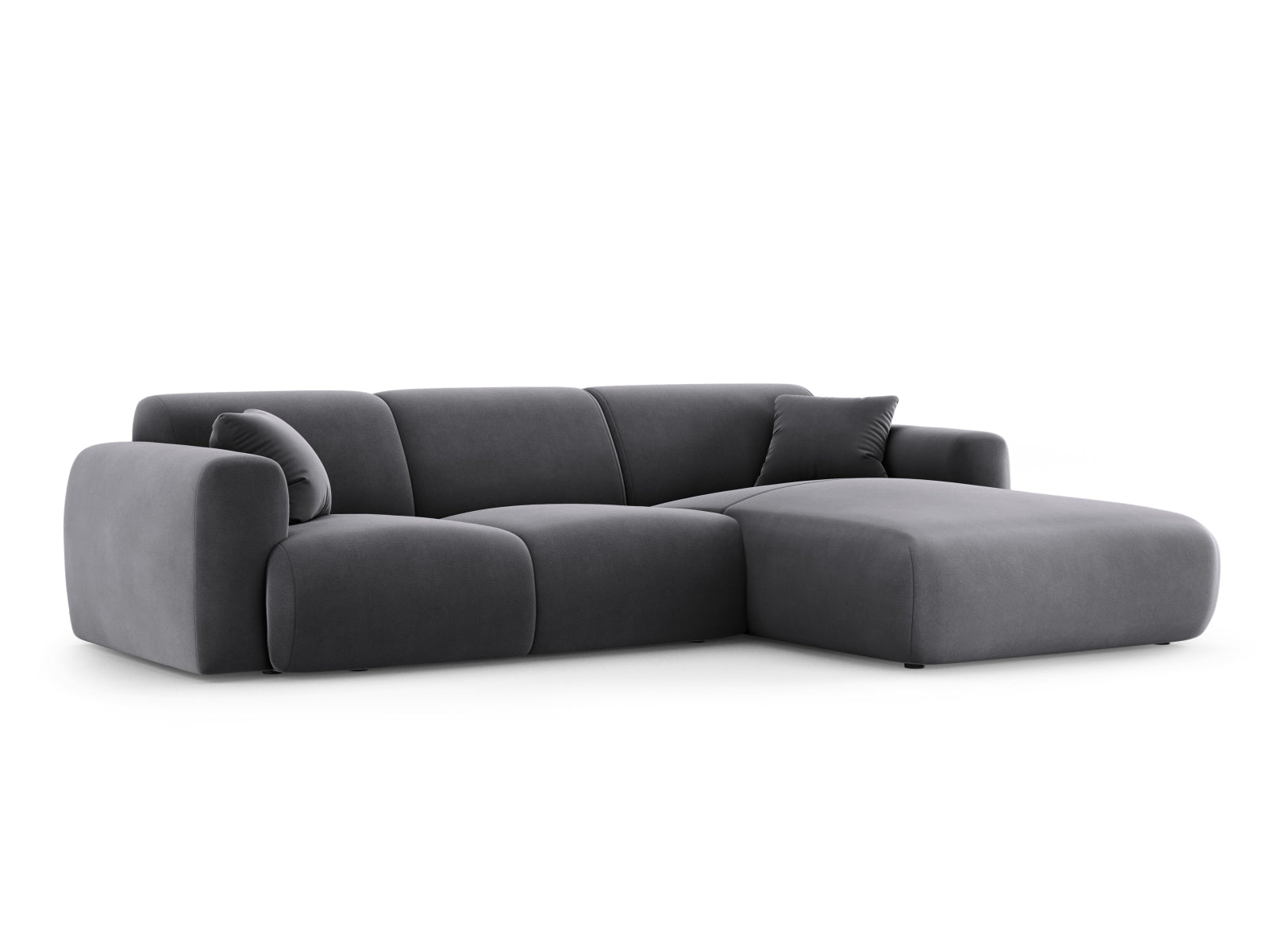 Modernes Nolio Velour Ecksofa in Dunkelgrau, 4-Sitzer, perfekt für gemütliche Wohnzimmer, kombiniert Komfort und zeitgemäßes Design.