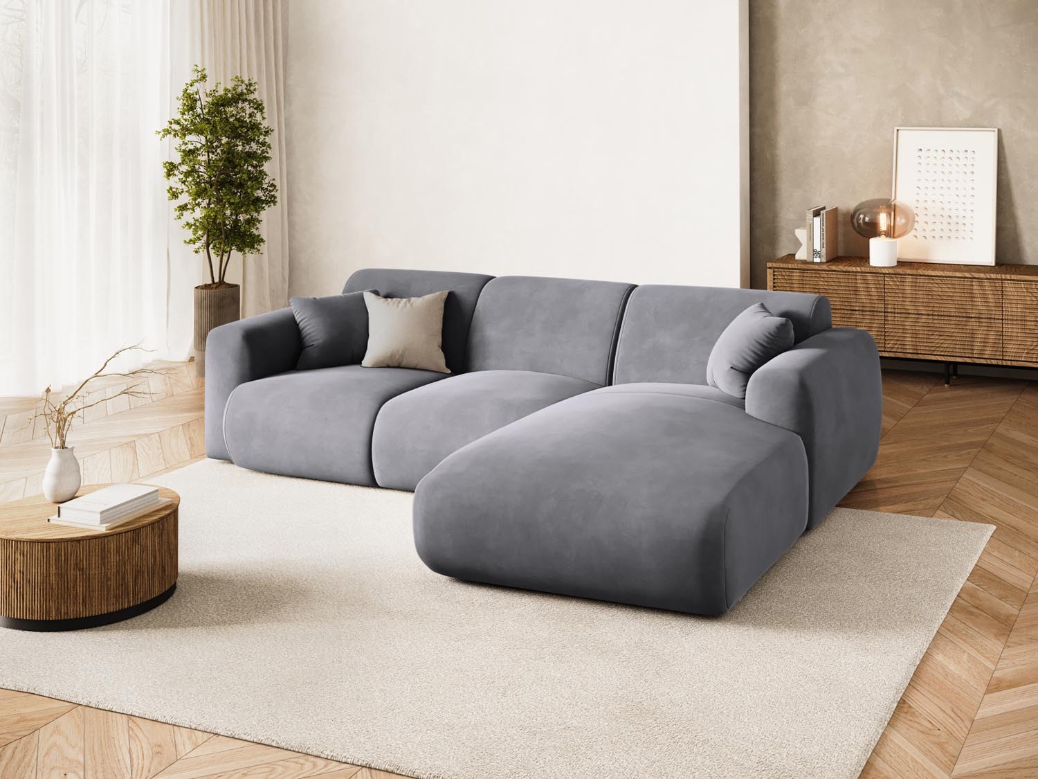 Erleben Sie das elegante Nolio Velour Ecksofa rechts von Cosmopolitan Design. Dieses 4-Sitzer Sofa (170 cm) bietet perfekten Komfort und modernes Flair.