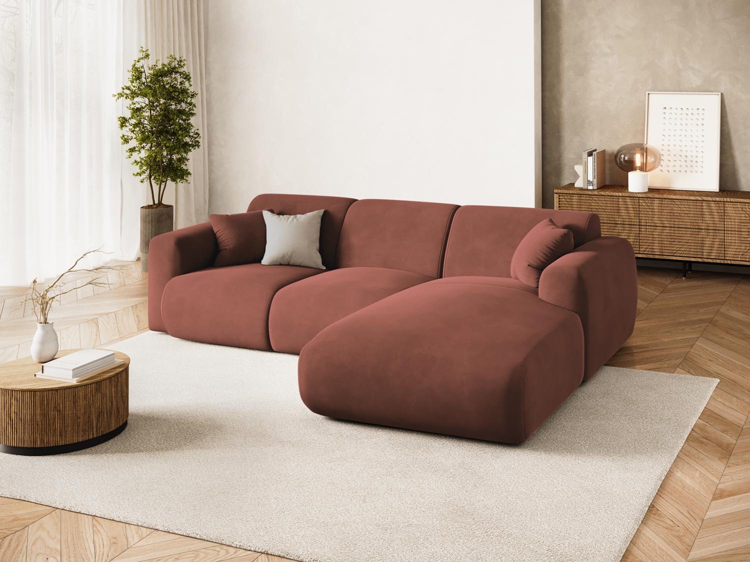 Elegantes Nolio Velour Ecksofa in Cuoio-Casino, 4-Sitzer, rechts, ideal für stilvolle Wohnräume. Gemütliches Design von Cosmopolitan.