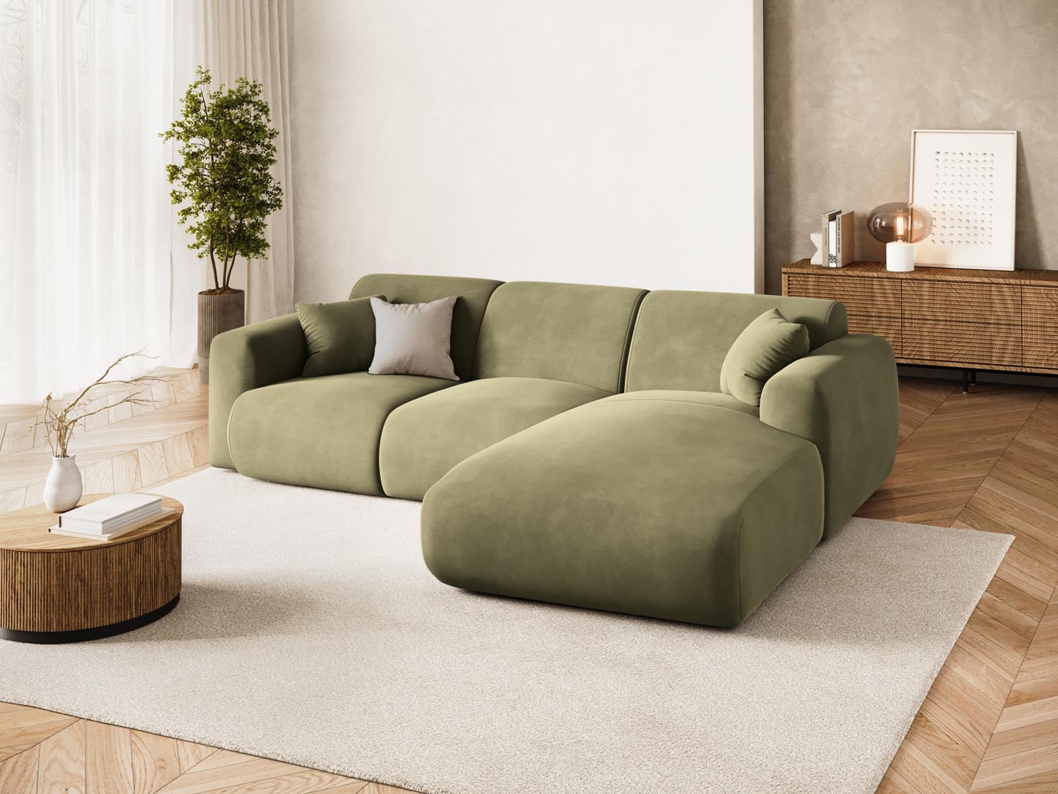 Erleben Sie das elegante Nolio Velour Ecksofa rechts von Cosmopolitan Design. Dieses 4-Sitzer Sofa (170 cm) bietet perfekten Komfort und modernes Flair.