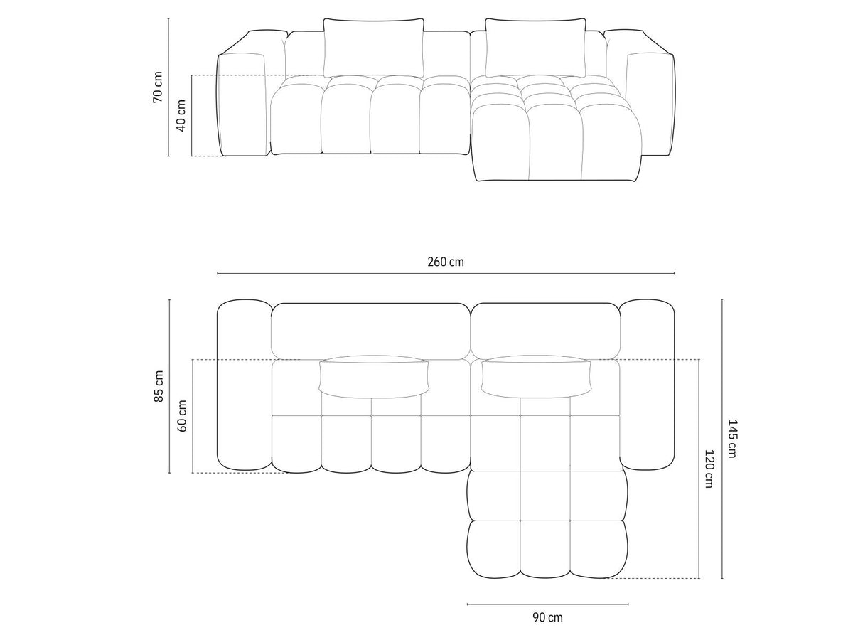 Modulares Ecksofa rechts in Sand-Casino Samt mit Massivholzrahmen, schwarzen Kunststoffbeinen und drei Sitzplätzen, seitliche Ansicht.