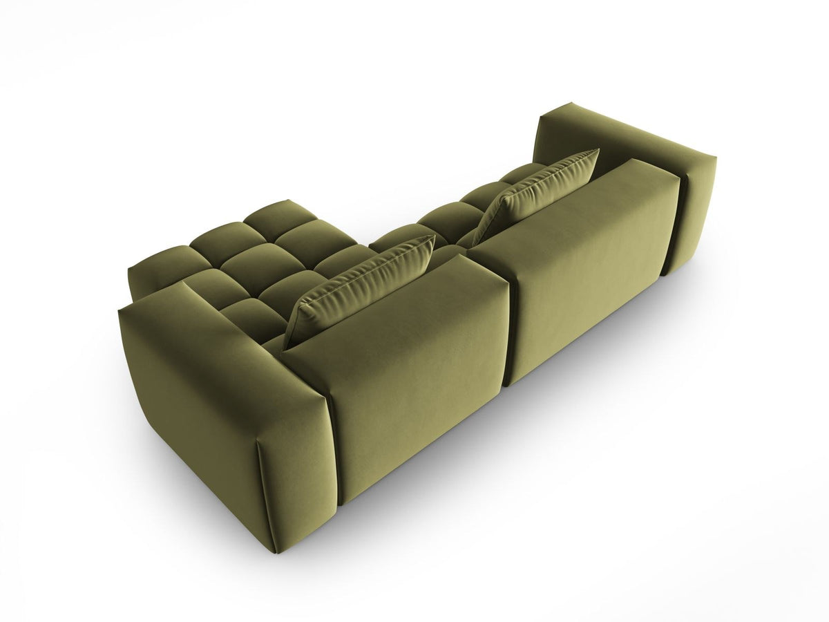 Modulares Ecksofa rechts in Sand-Casino Samt mit Massivholzrahmen, schwarzen Kunststoffbeinen und drei Sitzplätzen, seitliche Ansicht.