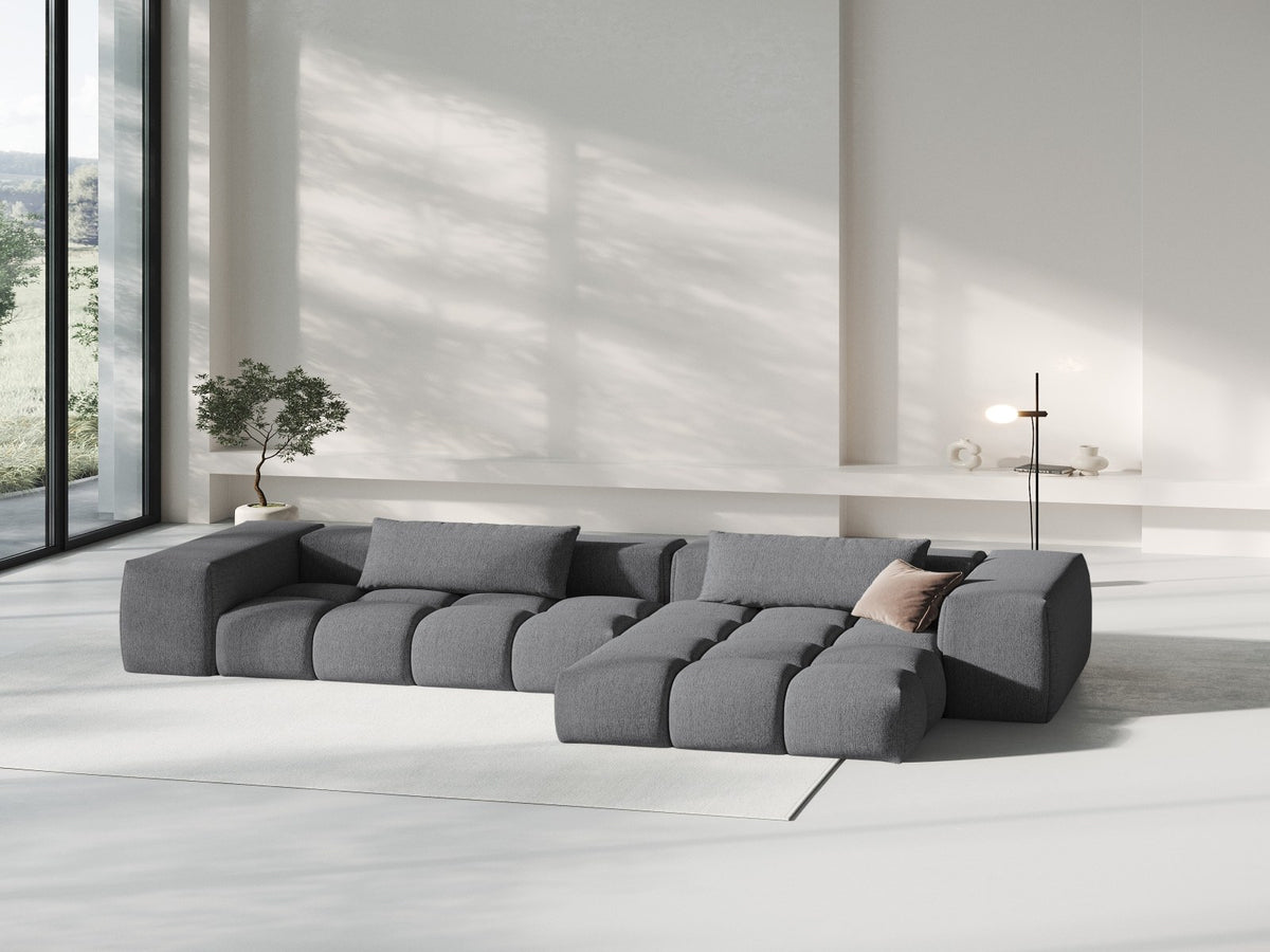 Modulares Ecksofa Verona rechts mit 3 Sitzplätzen, bezogen mit beigem Sorella-Strukturstoff, schwarze Kunststoffbeine, Massivholzrahmen sichtbar