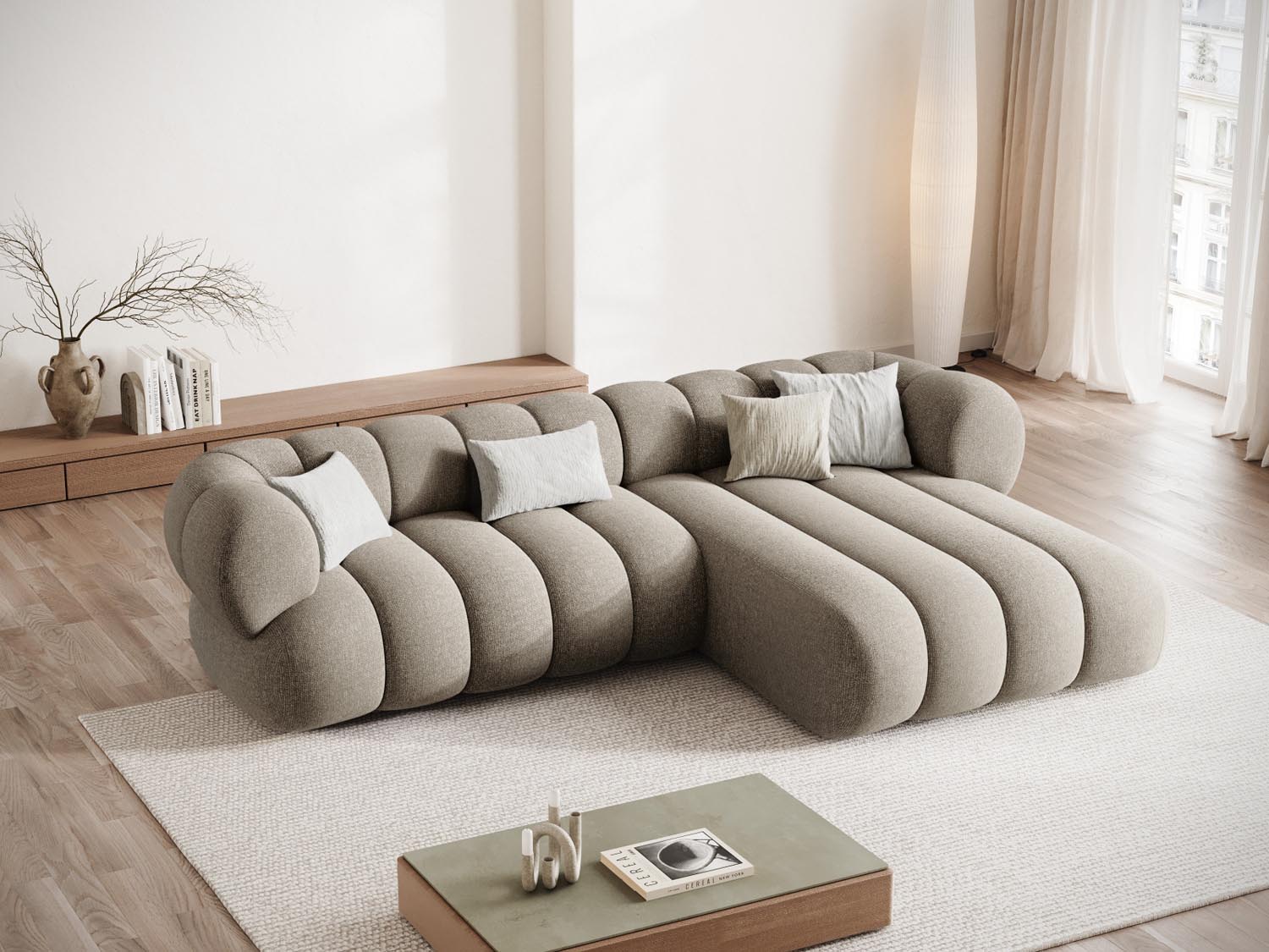 Gemütliches Koge Ecksofa rechts 5 Sitzer in elegantem Dark Beige-Eden, ideal für stilvolle Wohnräume, präsentiert von Cosmopolitan Design.