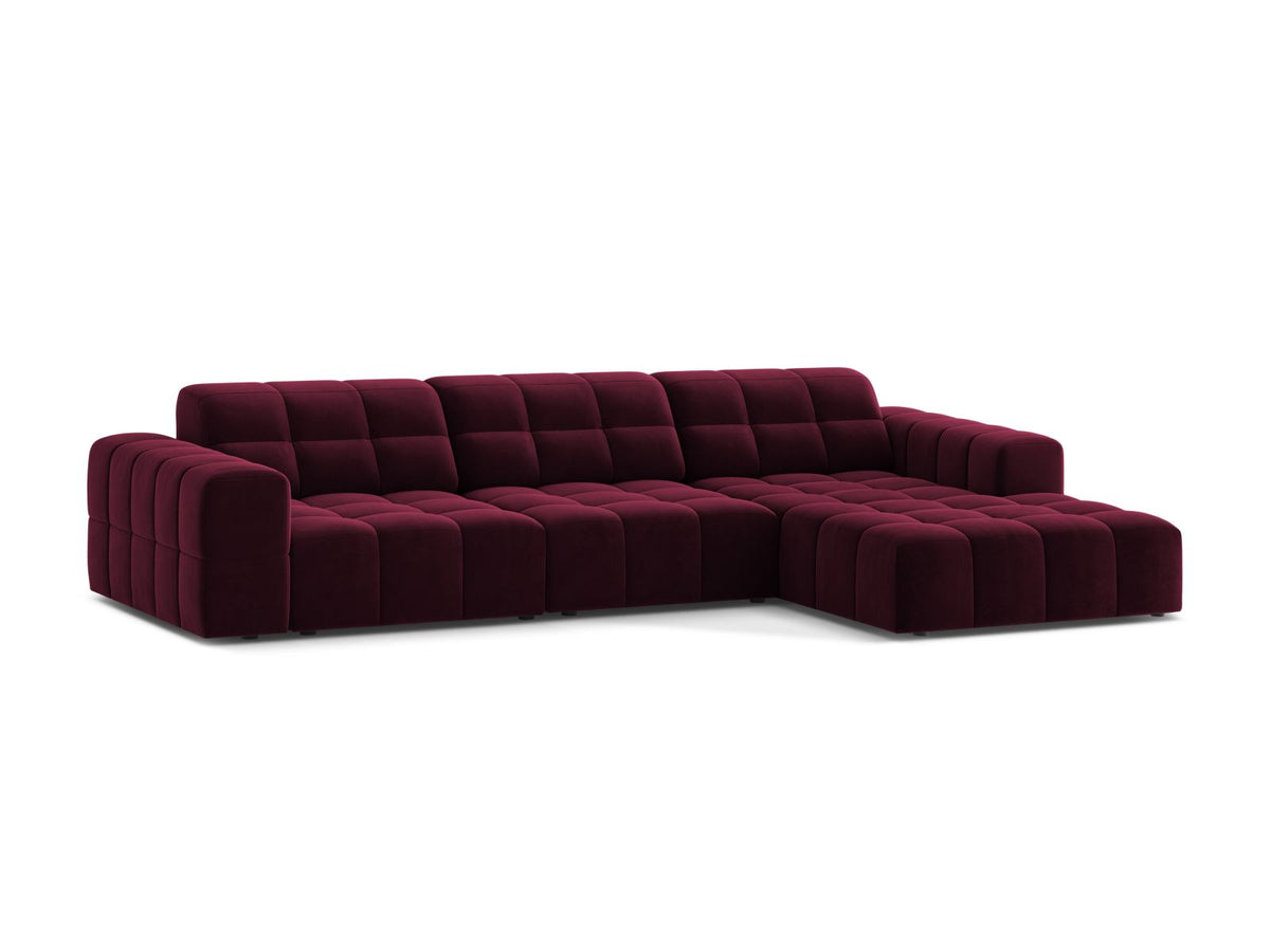 Ecksofa mit Récamiere rechts, Bezug aus Samtstoff in Light Beige, schwarze Kunststoffbeine, massives Holzgestell.