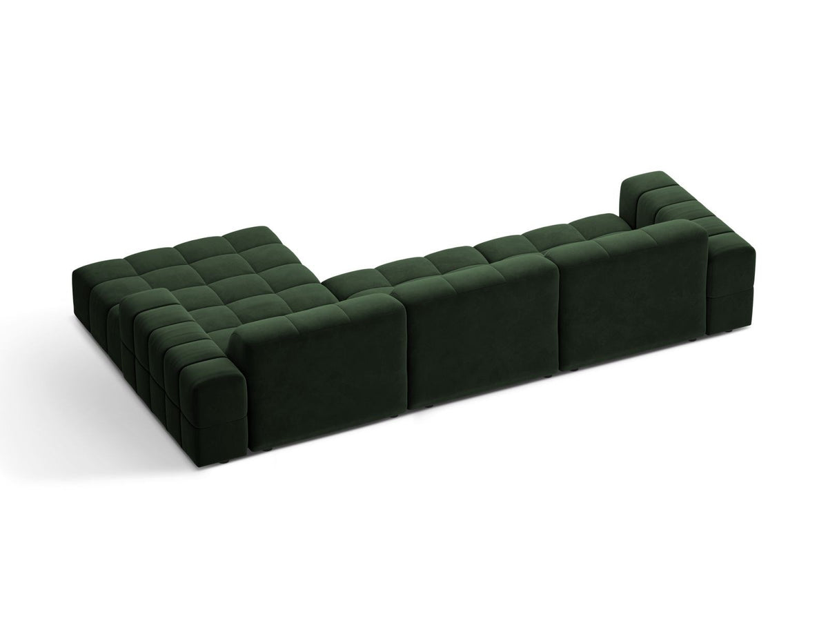 Ecksofa mit Récamiere rechts, Bezug aus Samtstoff in Light Beige, schwarze Kunststoffbeine, massives Holzgestell.
