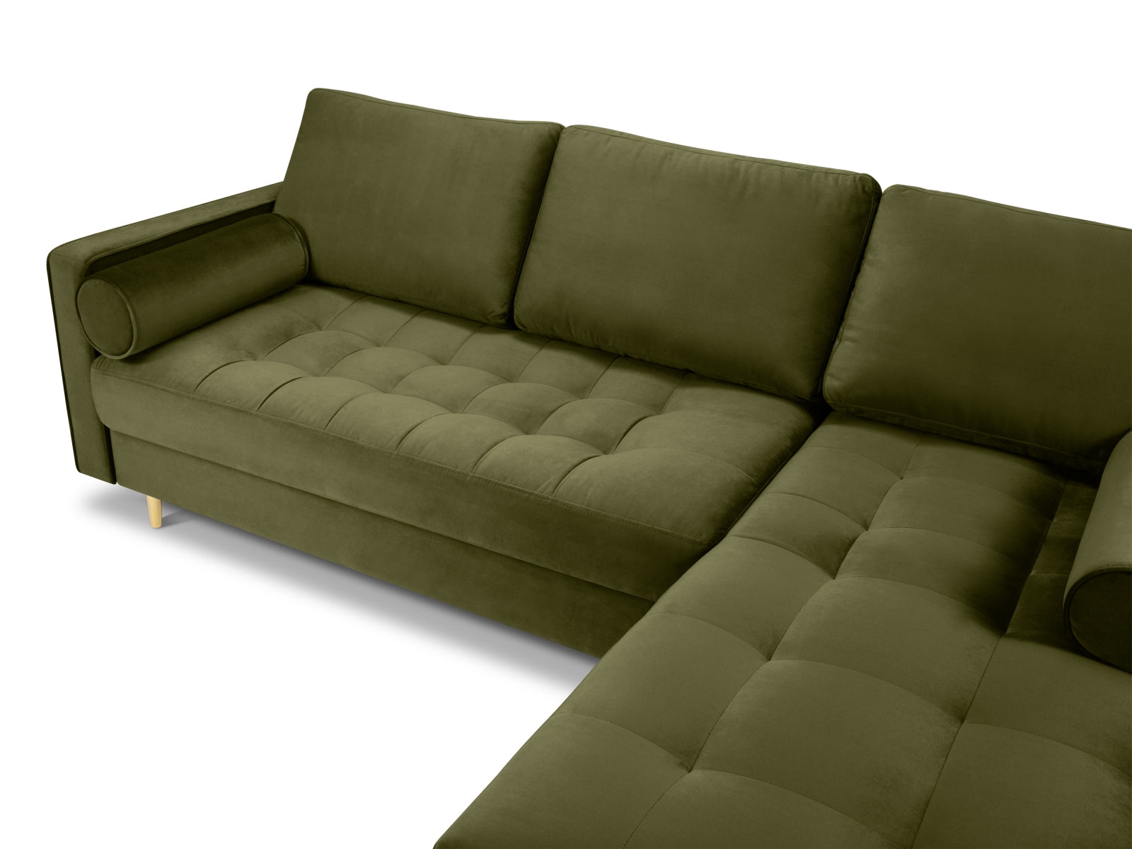 Elegantes 4-Sitzer Ecksofa rechts Aspen in trendigem Grünton, ideal für gemütliche und moderne Wohnräume, von Cosmopolitan Design.