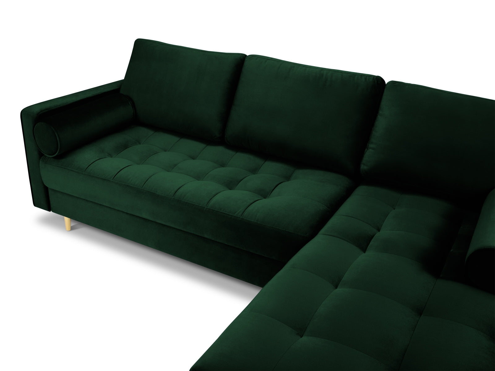 Elegantes 4-Sitzer Ecksofa rechts Aspen in tiefem Flaschengrün, ideal für stilvolle Wohnräume und entspannte Stunden mit Freunden.