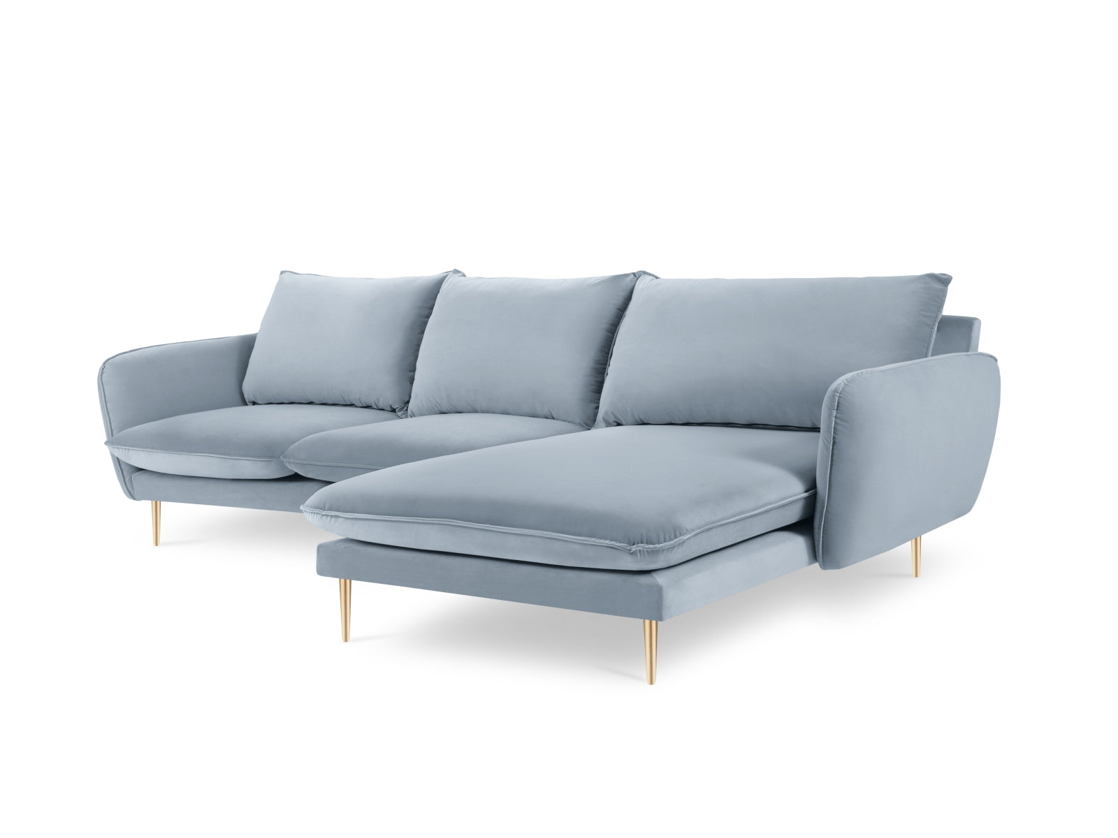 Modernes Ecksofa Vienna in zartem Hellblau mit luxuriösen goldenen Details, perfekt für einladende und stilvolle Wohnbereiche. 5-Sitzer, 170 cm.