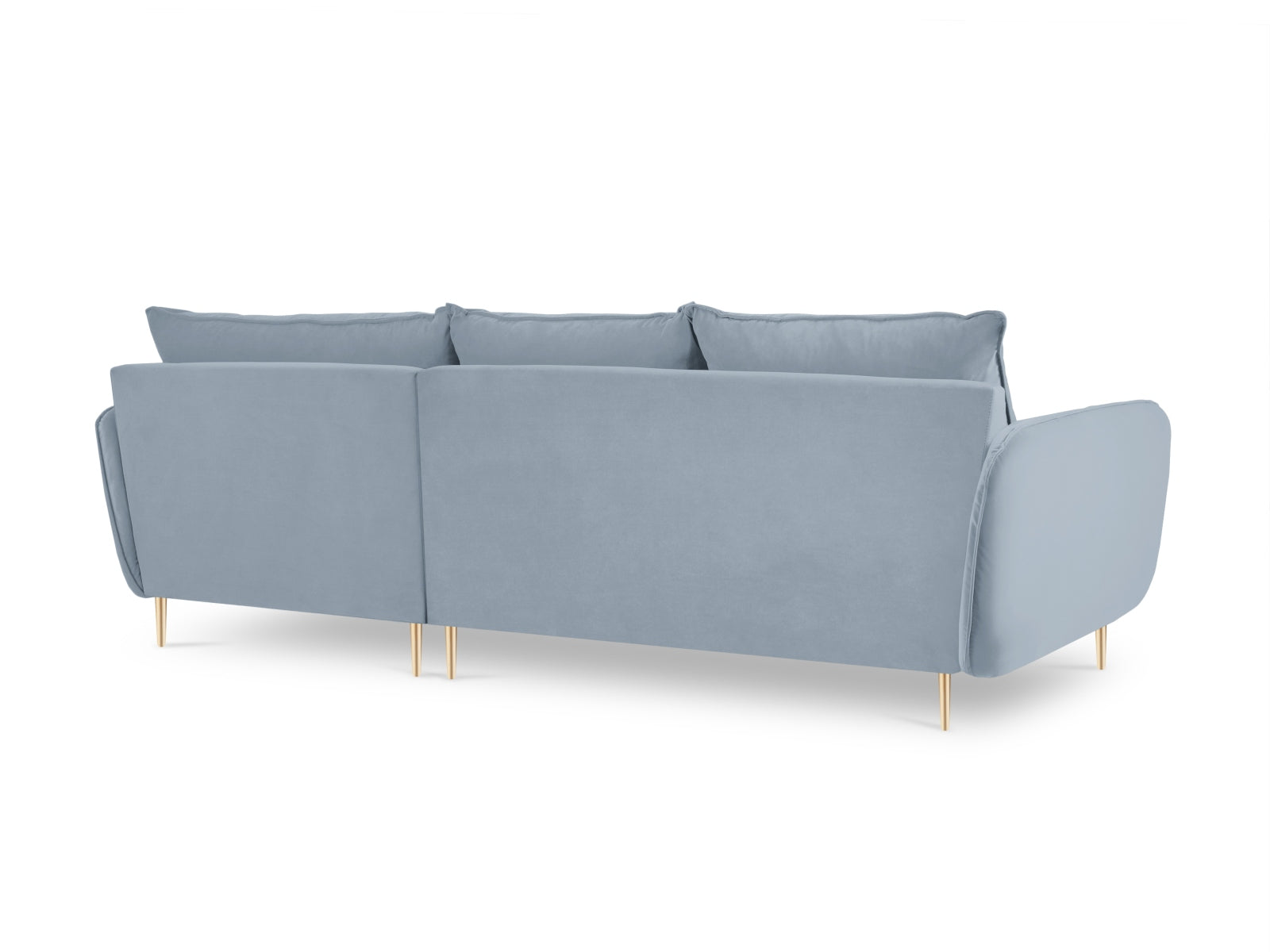 Elegantes, hellblaues Velour Ecksofa Vienna mit goldenen Akzenten, ideal für stilvolle Wohnzimmer. 5-Sitzer, 170 cm, rechte Ausführung.