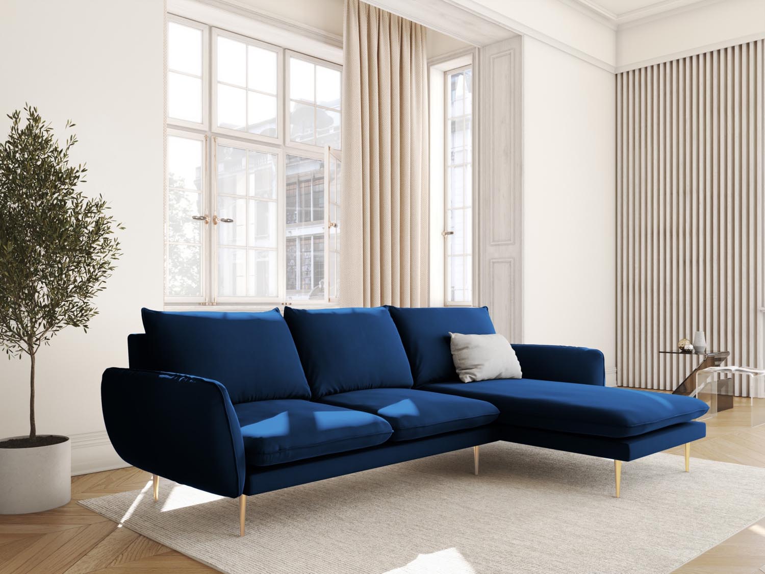Elegantes Vienna Velour Ecksofa in Royal Blue, 5-Sitzer, 170 cm, ideal für stilvolle Wohnräume, präsentiert von Cosmopolitan Design.