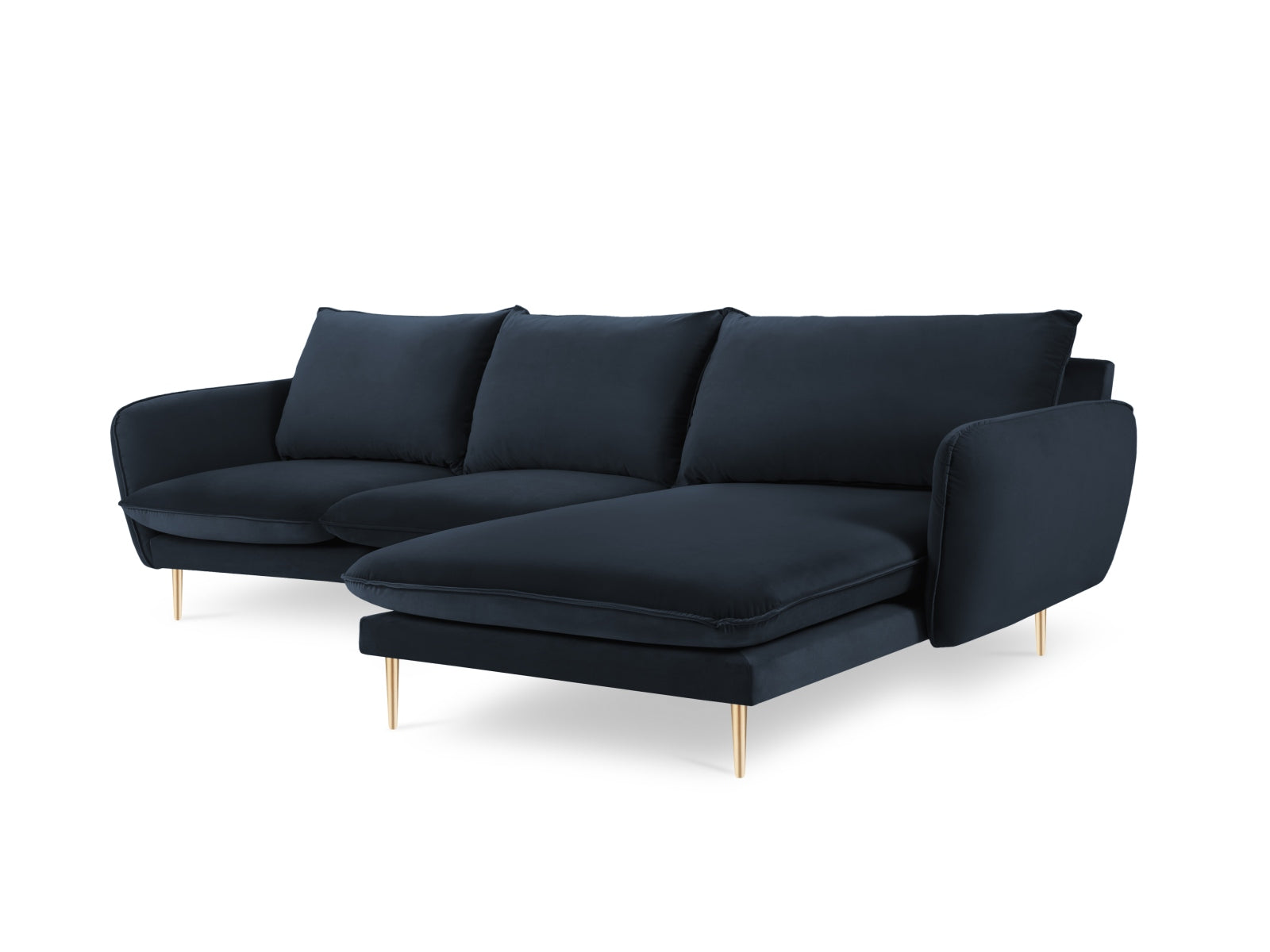 Modernes Ecksofa Vienna in edlem Velours, dunkelblau mit goldenen Details. 5-Sitzer, 170 cm, perfekt für gemütliche und stilvolle Wohnzimmer.