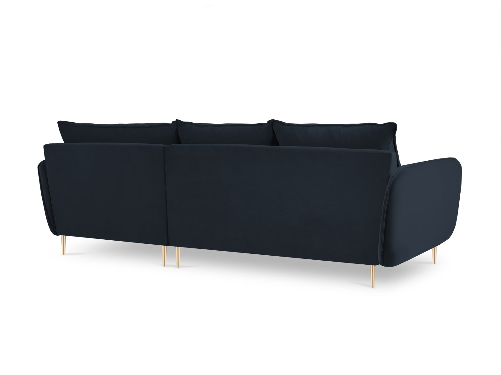 Elegantes, dunkelblaues Velours-Ecksofa Vienna mit goldenen Akzenten. 5-Sitzer, 170 cm, ideal für stilvolle Wohnräume.