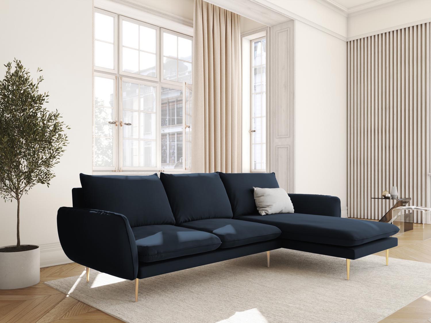 Elegantes Vienna Velour Ecksofa in Dunkelblau mit goldenen Akzenten, ideal für stilvolle Wohnräume. 5-Sitzer, 170 cm, von Cosmopolitan Design.