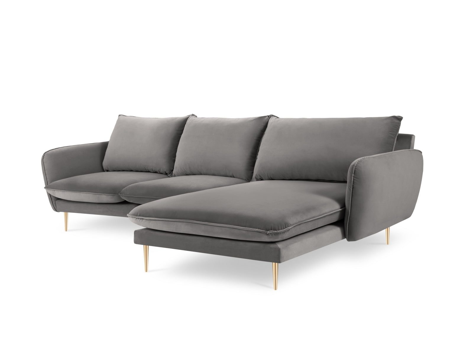 Modernes Ecksofa Vienna in Velours, hellgrau mit goldenen Details. Komfortables 5-Sitzer-Design, perfekt für Ihr Wohnzimmer.