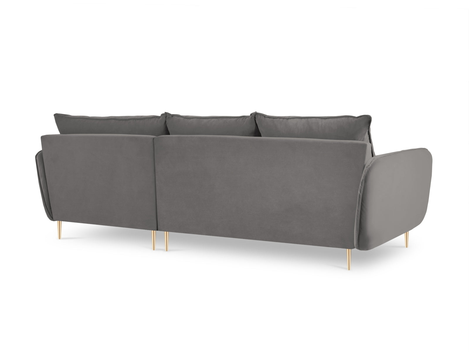 Elegantes, hellgraues Velours-Ecksofa Vienna mit goldenen Akzenten, ideal für stilvolle Wohnräume und gesellige Abende.
