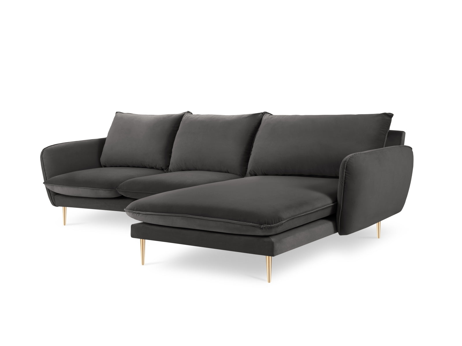 Modernes Ecksofa Vienna in edlem Velours, dunkelgrau mit goldenen Details. 5-Sitzer, 170 cm, perfekt für gemütliche und stilvolle Wohnzimmer.
