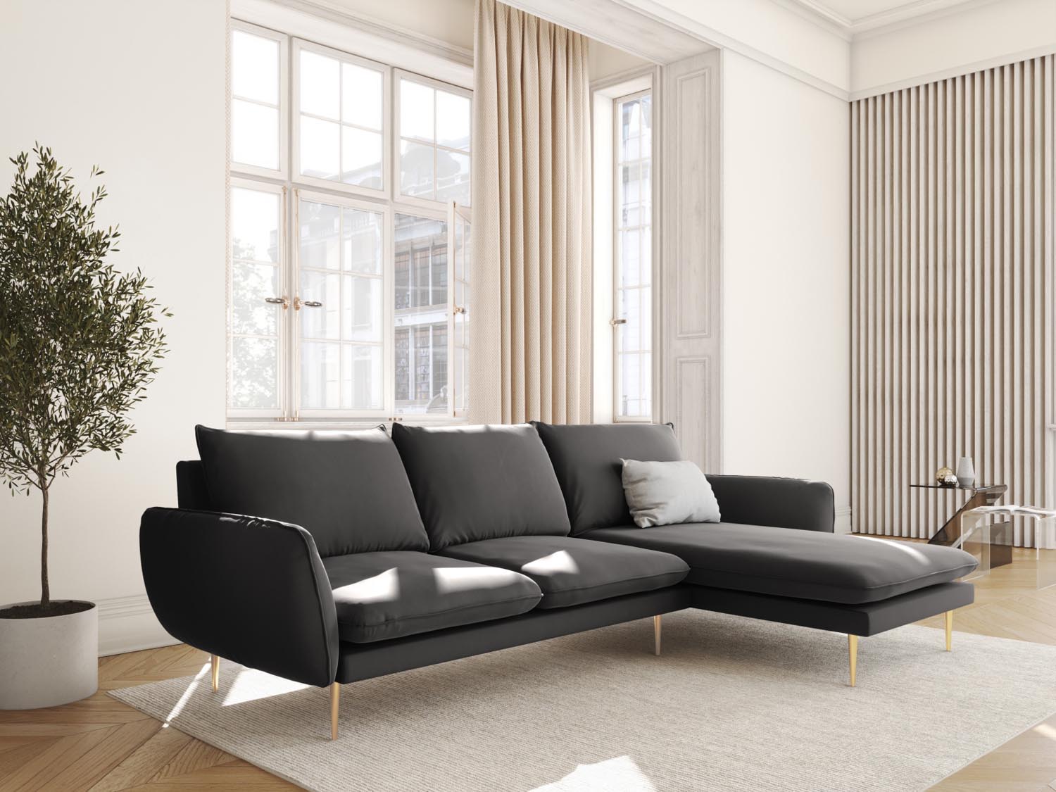Elegantes Vienna Velour Ecksofa in Dunkelgrau mit goldenen Akzenten, ideal für stilvolle Wohnräume. 5-Sitzer, 170 cm, von Cosmopolitan Design.